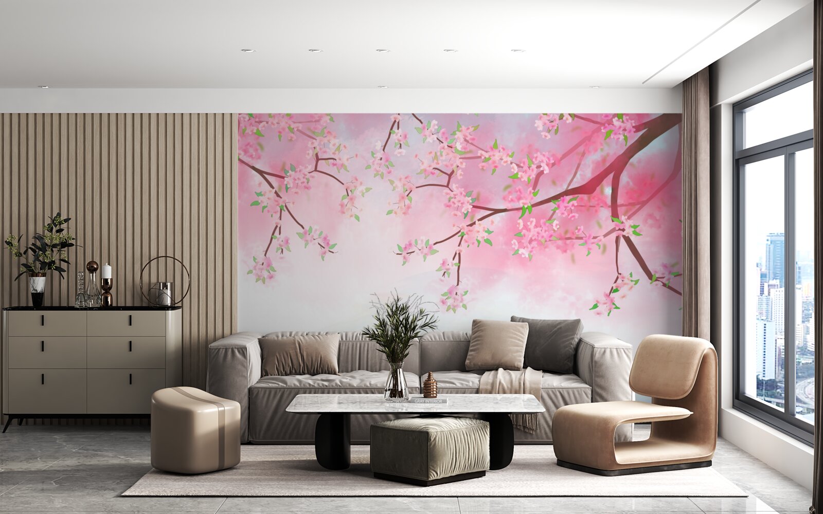 Fototapet flori de trandafir înfloresc pe ramurile copacilor