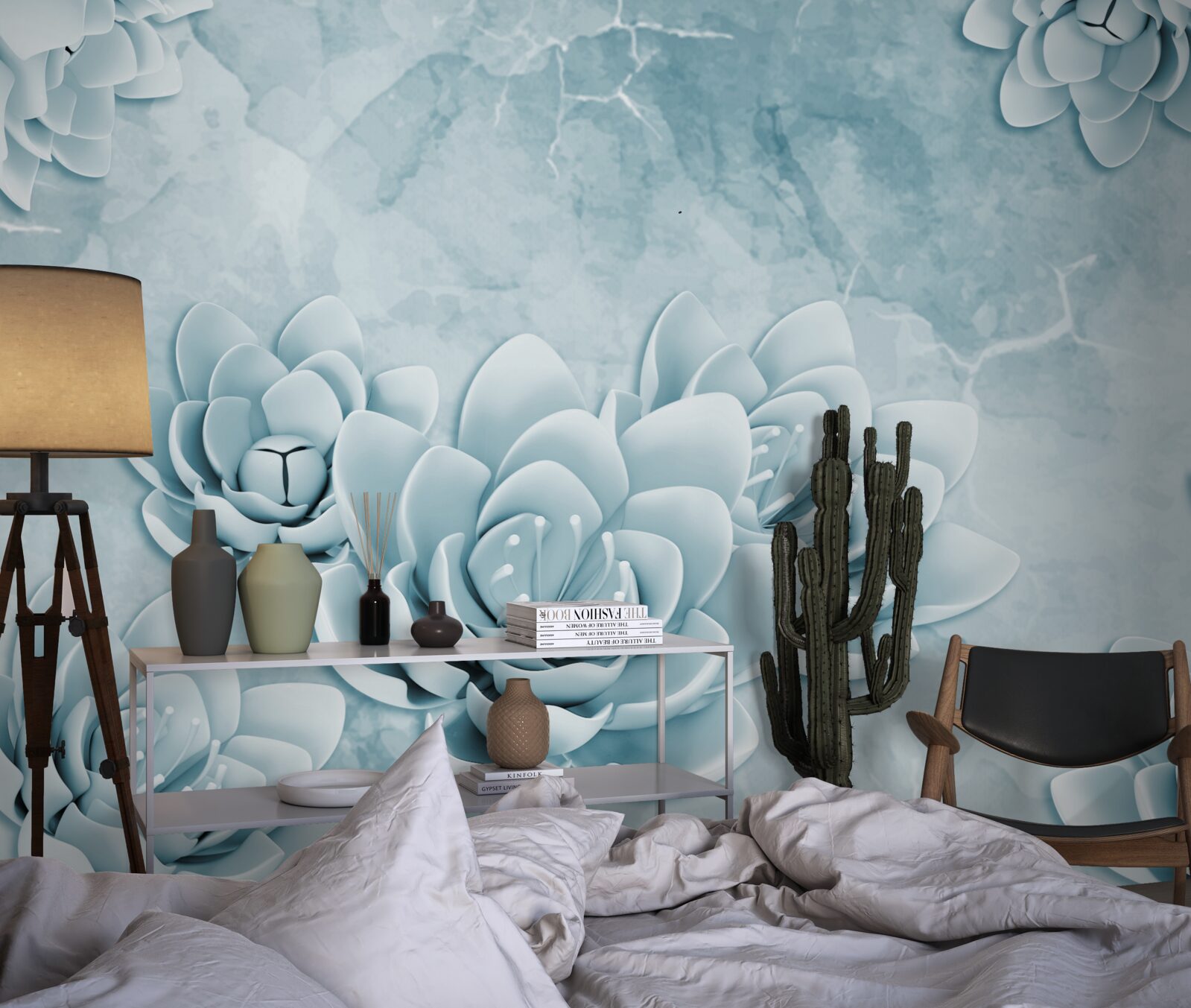 Fototapet flori cu o nuanță albastră delicată