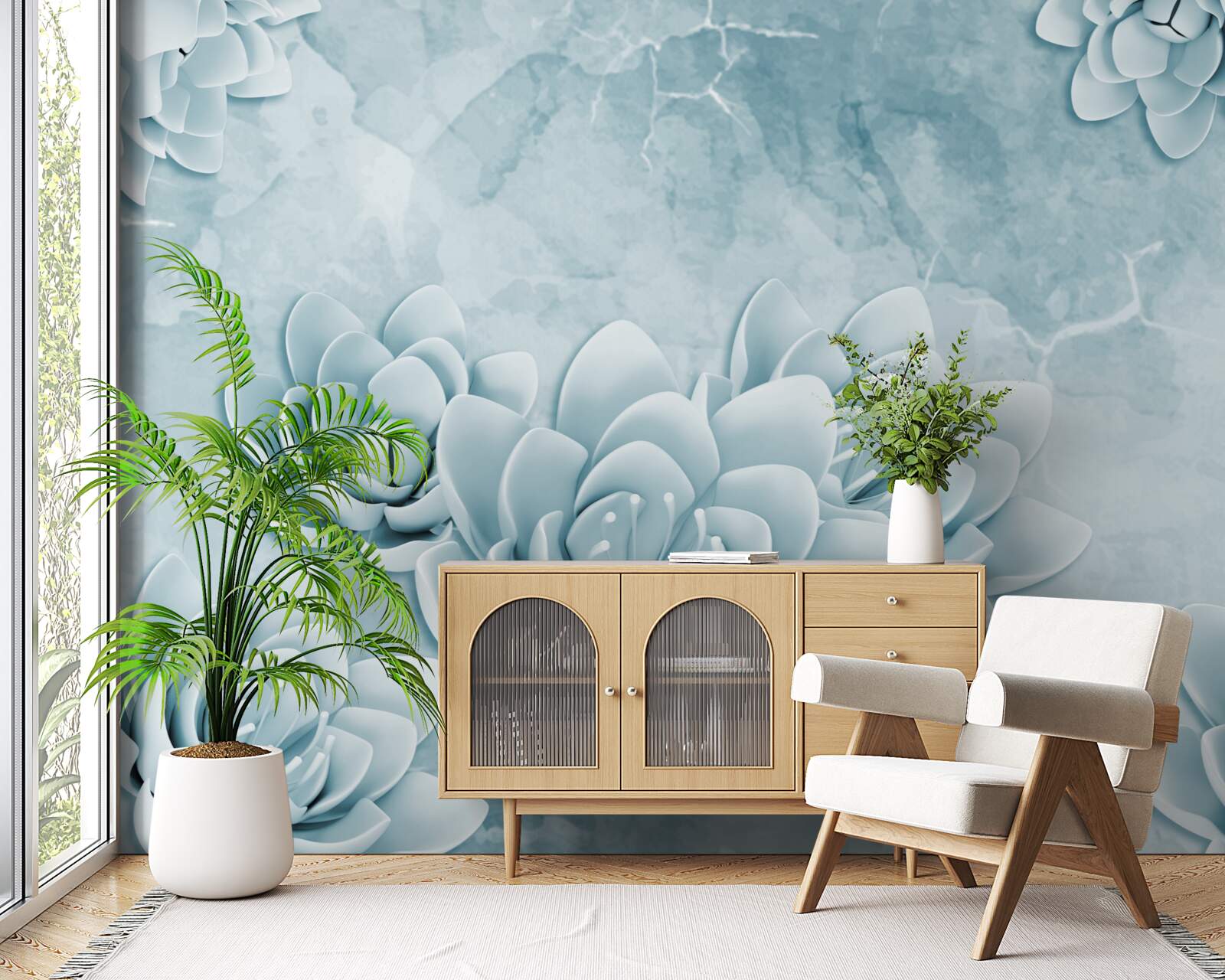 Fototapet flori cu o nuanță albastră delicată