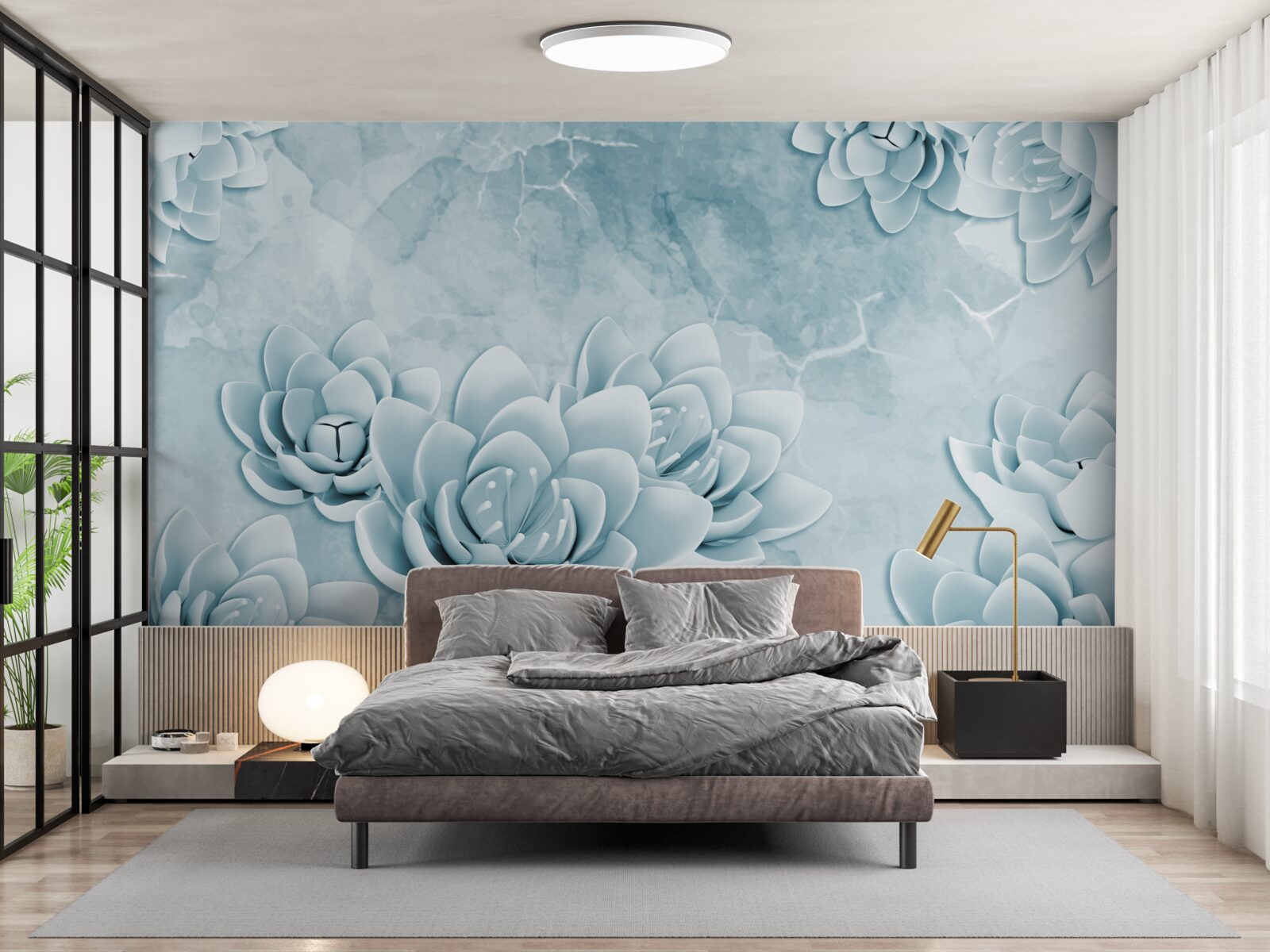 Fototapet flori cu o nuanță albastră delicată