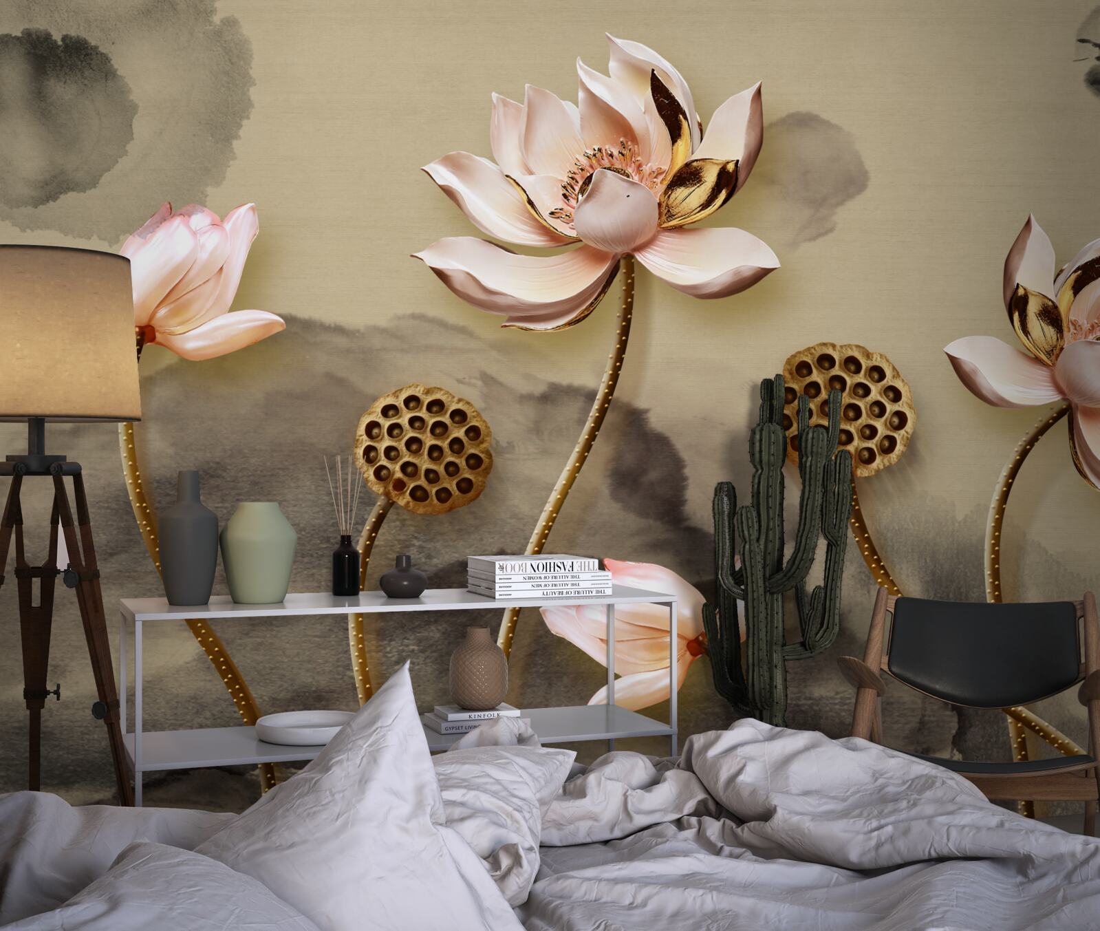 Fototapet muguri de flori roz legănându-se în vânt