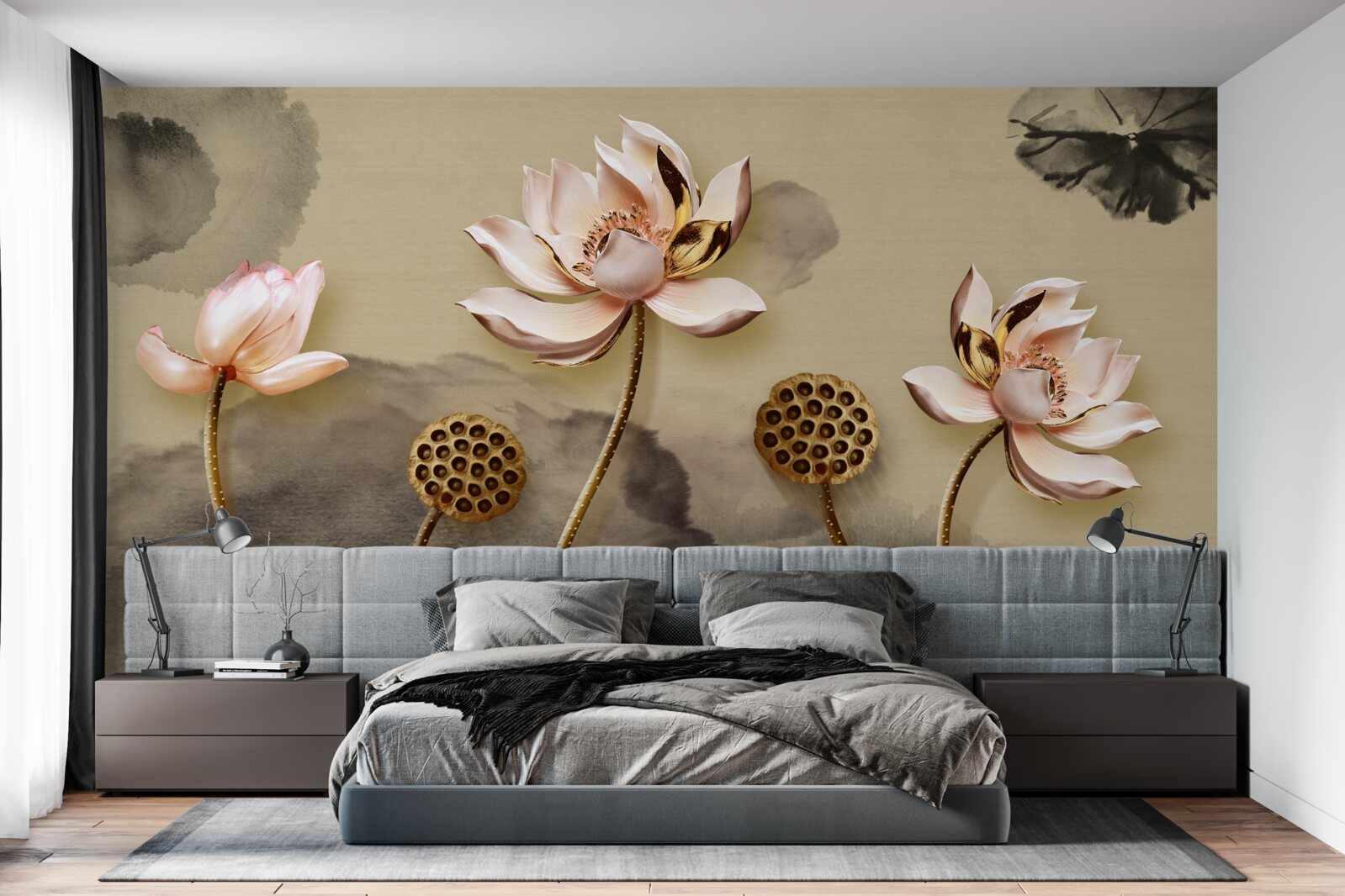 Fototapet muguri de flori roz legănându-se în vânt