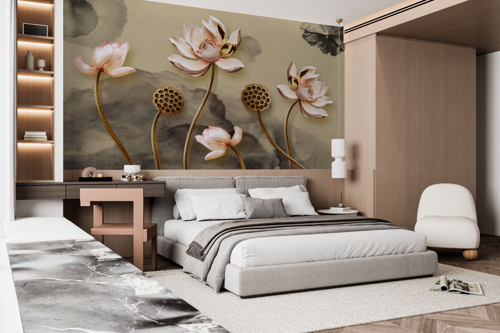 Fototapet muguri de flori roz legănându-se în vânt