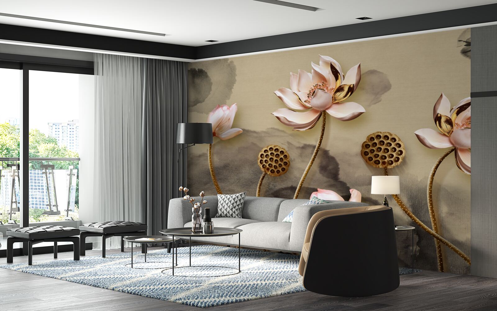 Fototapet muguri de flori roz legănându-se în vânt