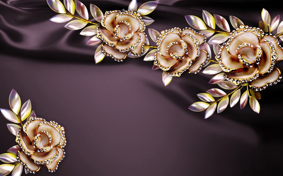 Fototapet trandafiri din aur cu frunze ca decor