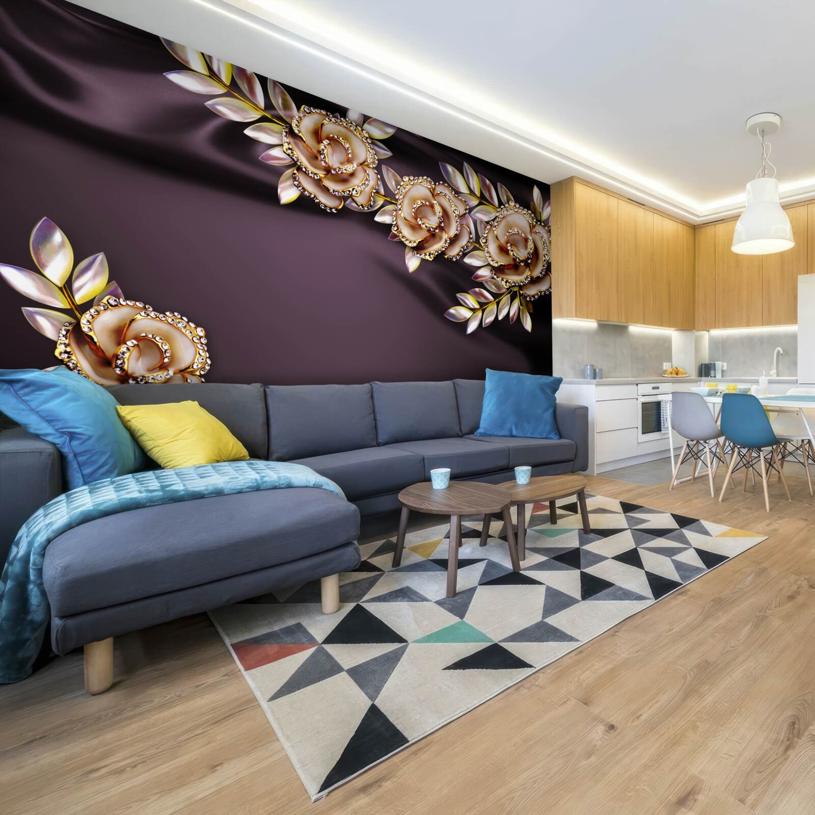 Fototapet trandafiri din aur cu frunze ca decor