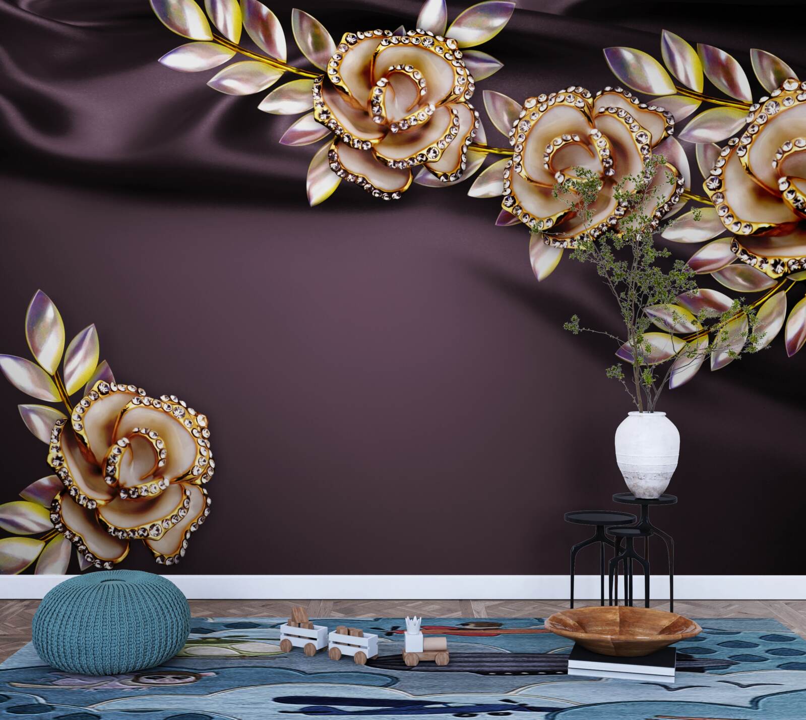 Fototapet trandafiri din aur cu frunze ca decor