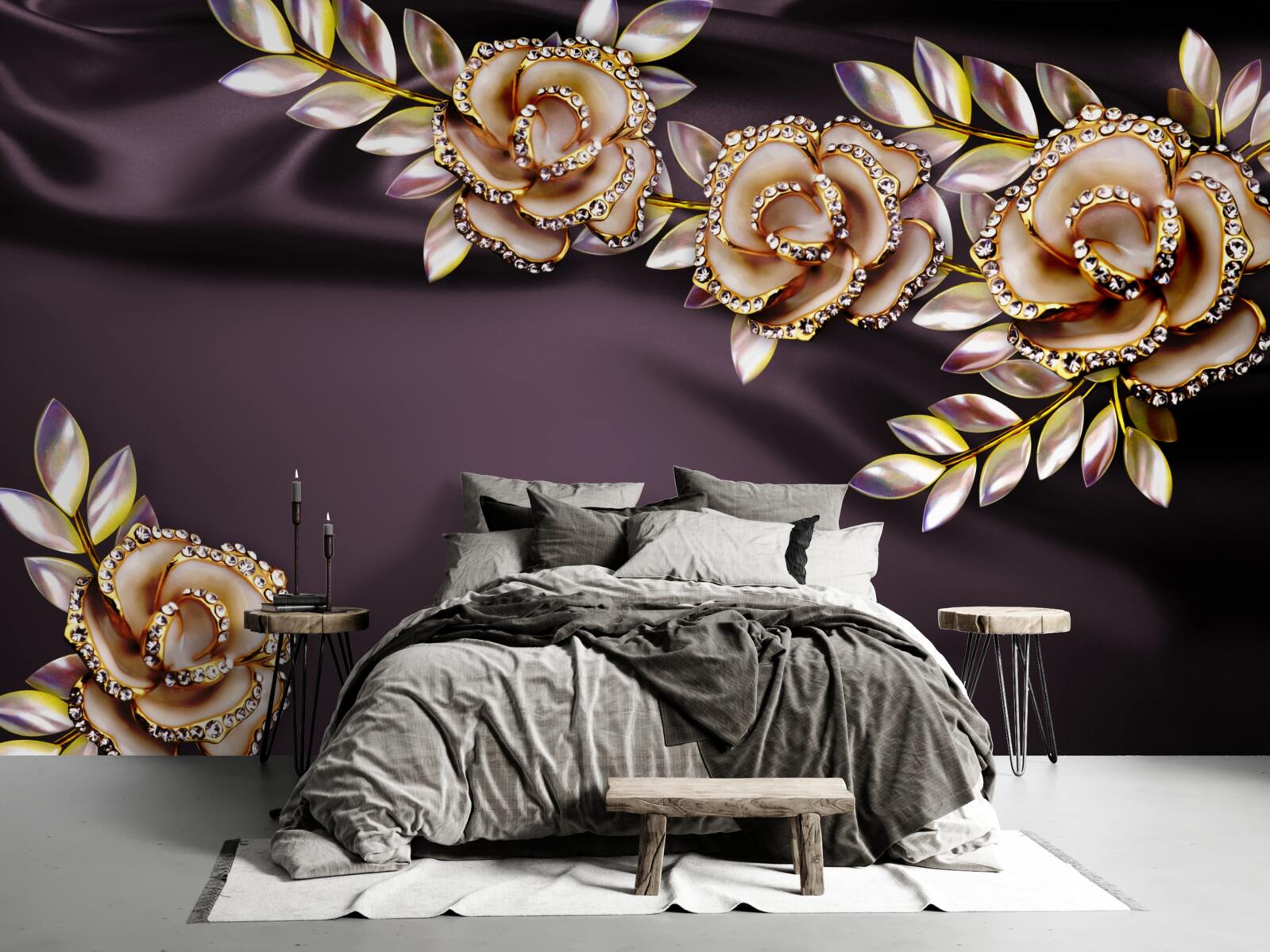 Fototapet trandafiri din aur cu frunze ca decor