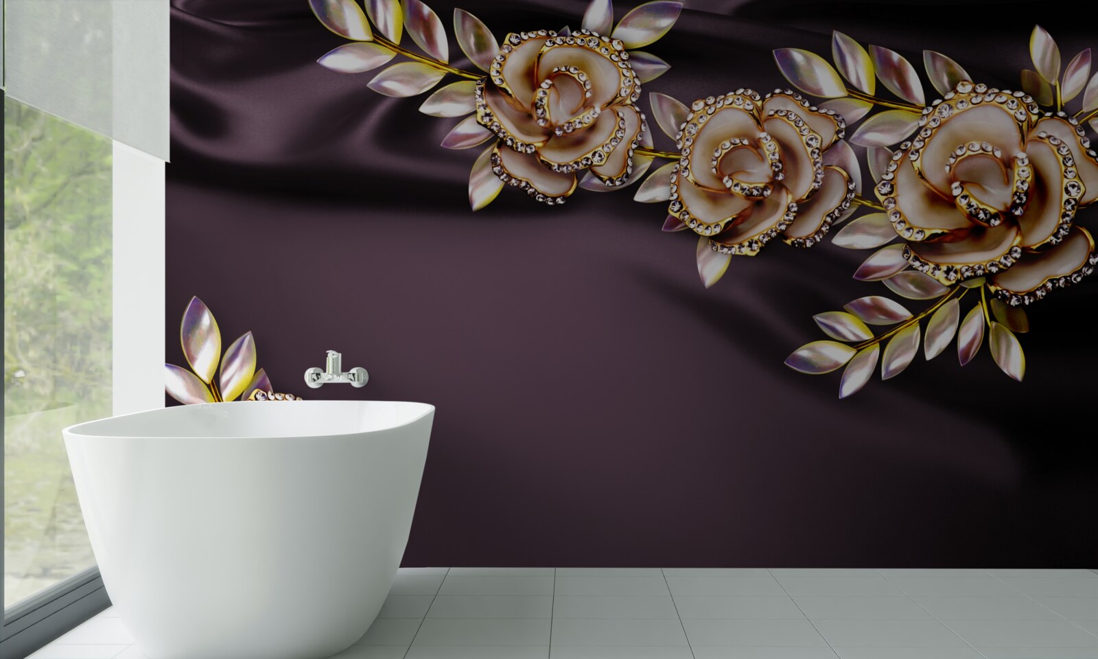 Fototapet trandafiri din aur cu frunze ca decor