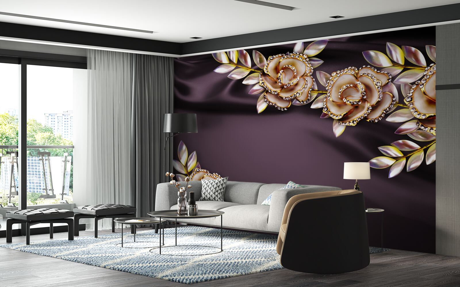 Fototapet trandafiri din aur cu frunze ca decor