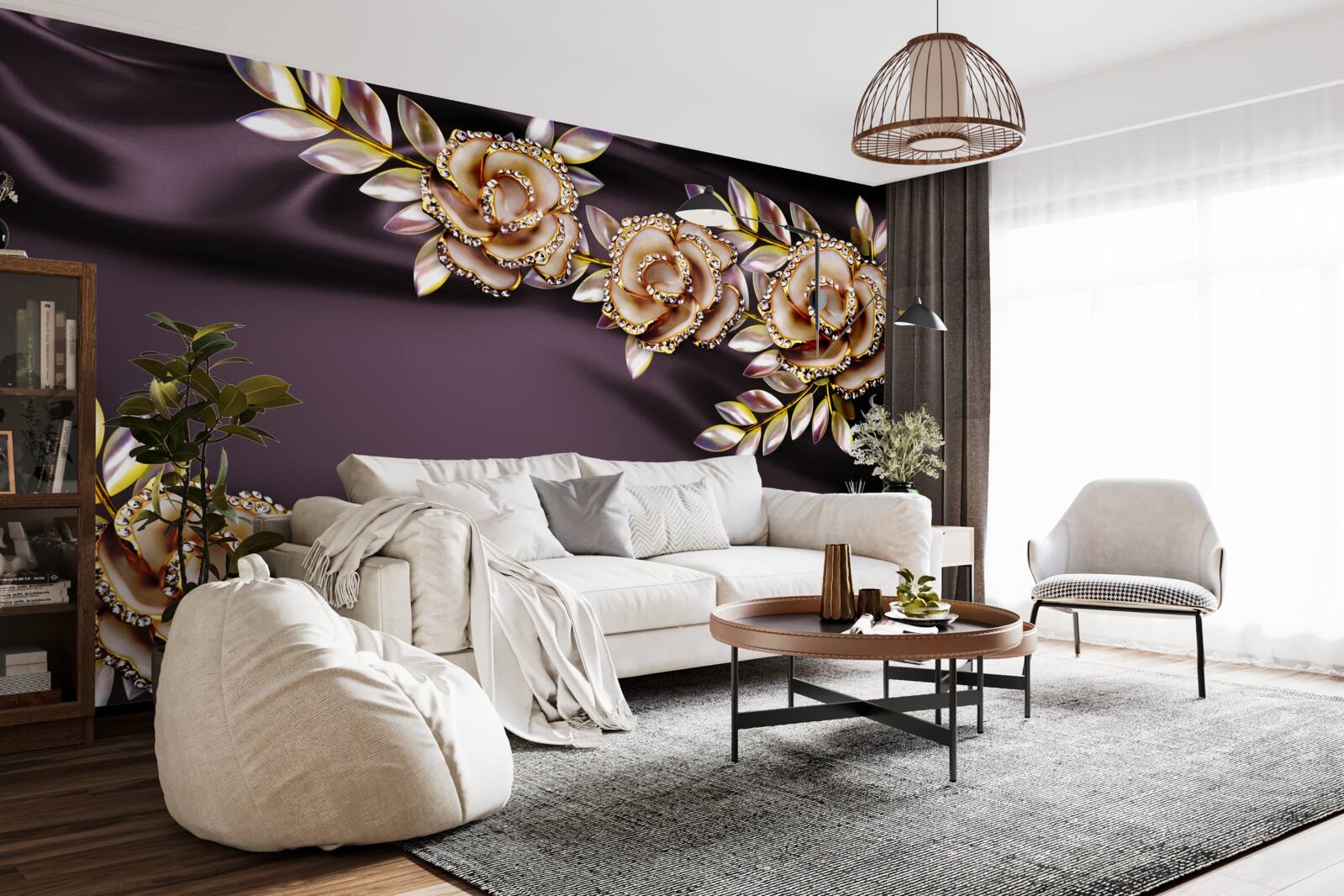 Fototapet trandafiri din aur cu frunze ca decor