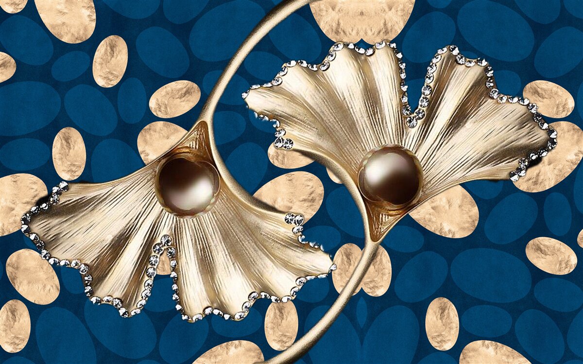 Fototapet fundalul albastru este decorat cu flori aurii