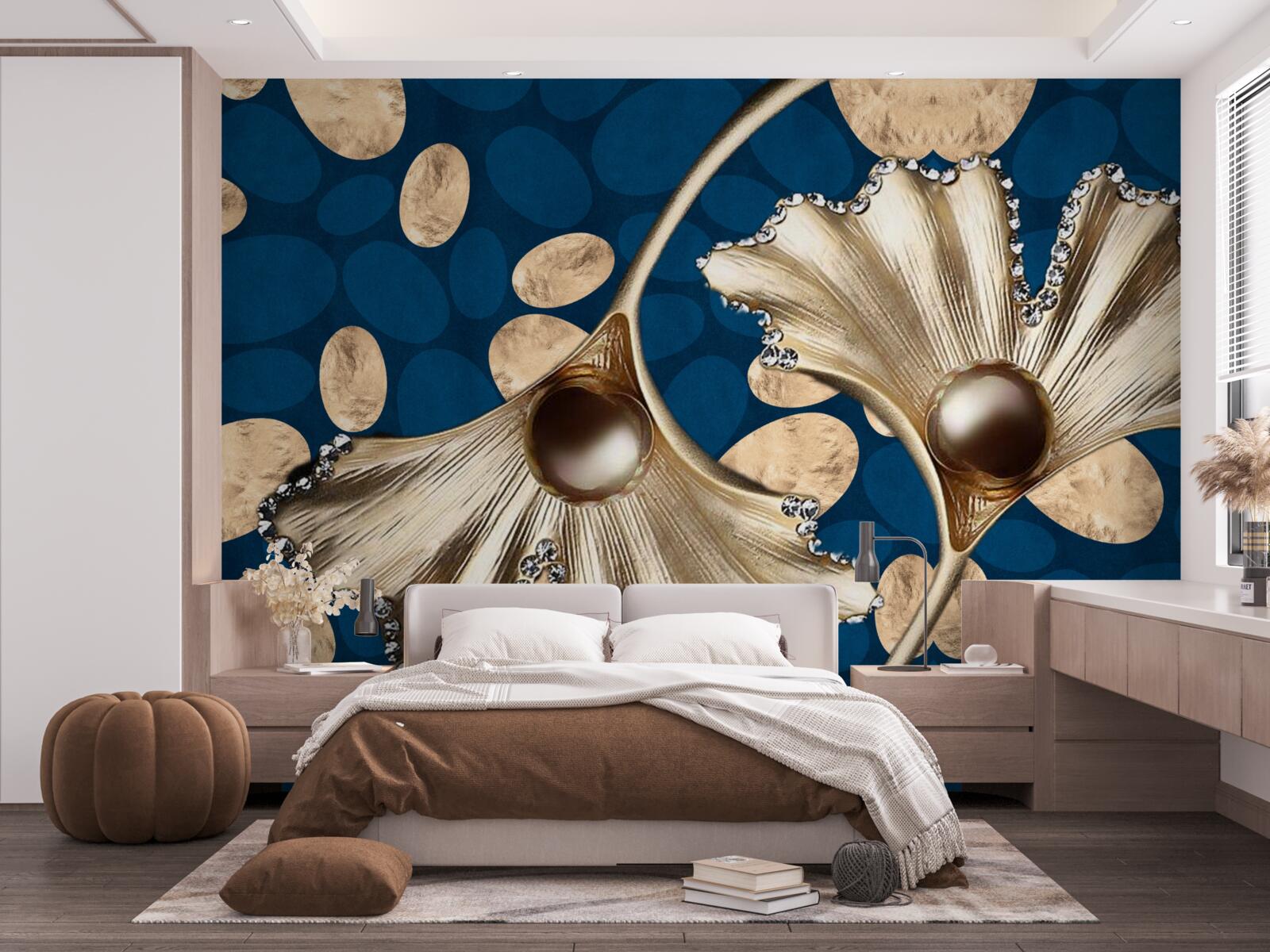 Fototapet fundalul albastru este decorat cu flori aurii