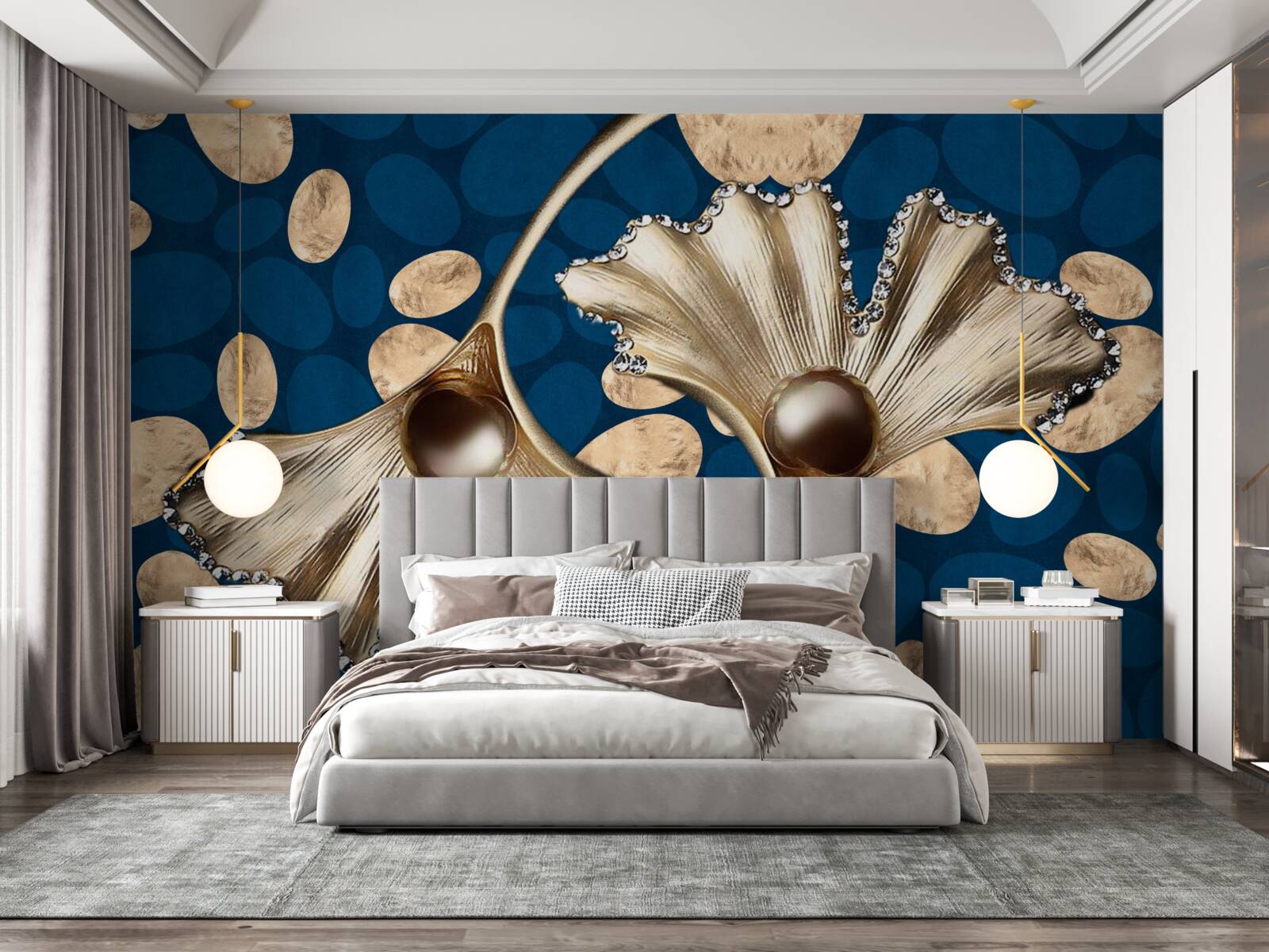 Fototapet fundalul albastru este decorat cu flori aurii