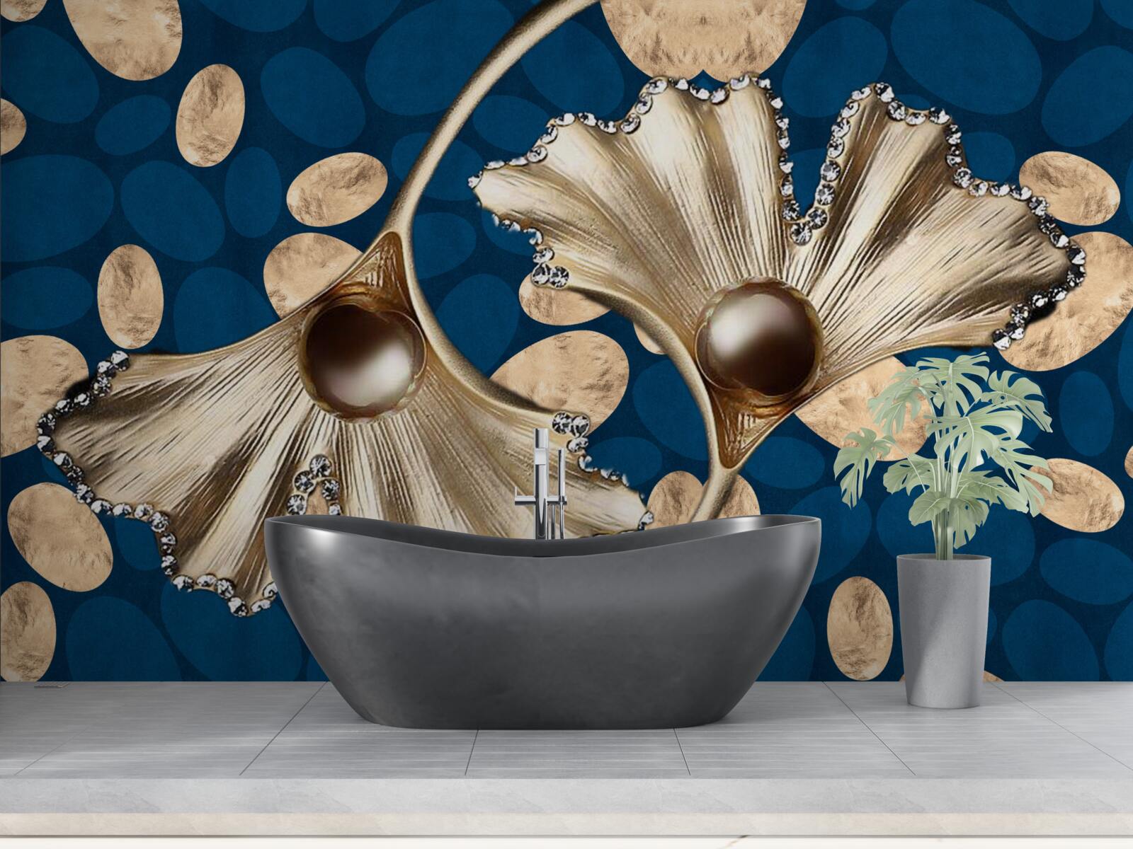 Fototapet fundalul albastru este decorat cu flori aurii