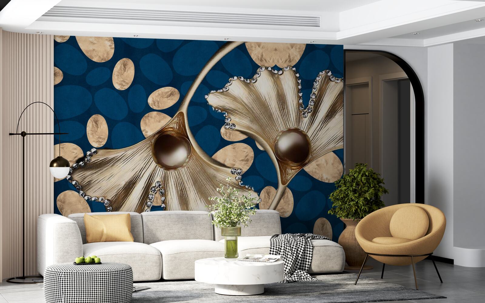 Fototapet fundalul albastru este decorat cu flori aurii