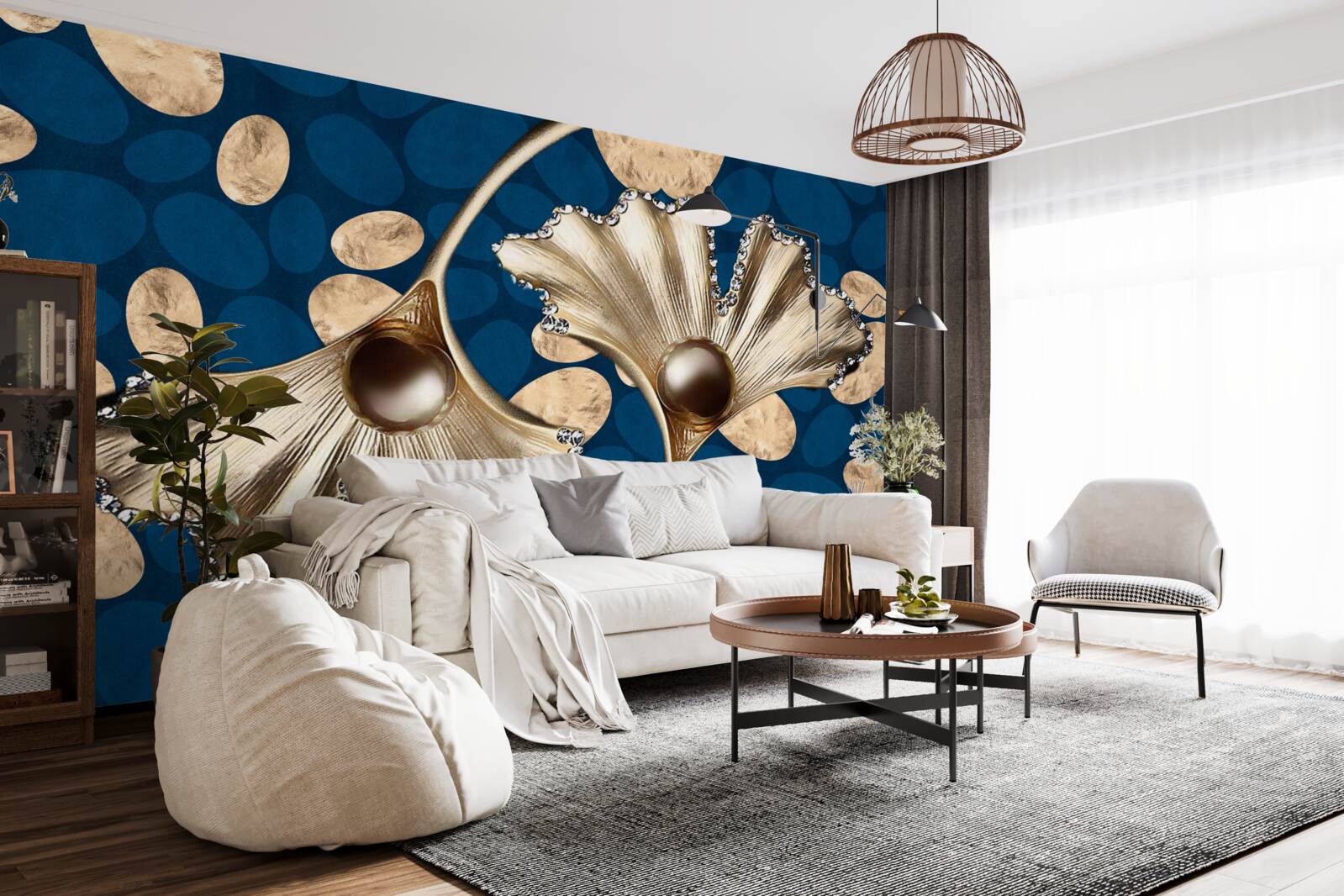 Fototapet fundalul albastru este decorat cu flori aurii