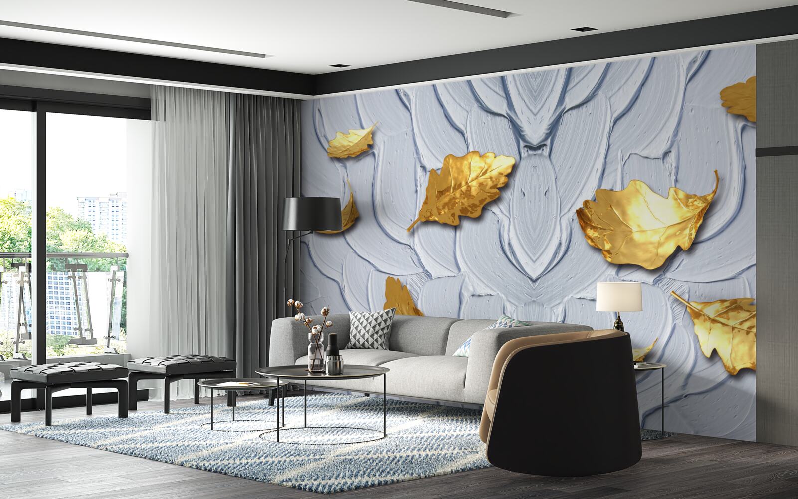 Fototapet frunzele aurii se depun pe suprafața apei