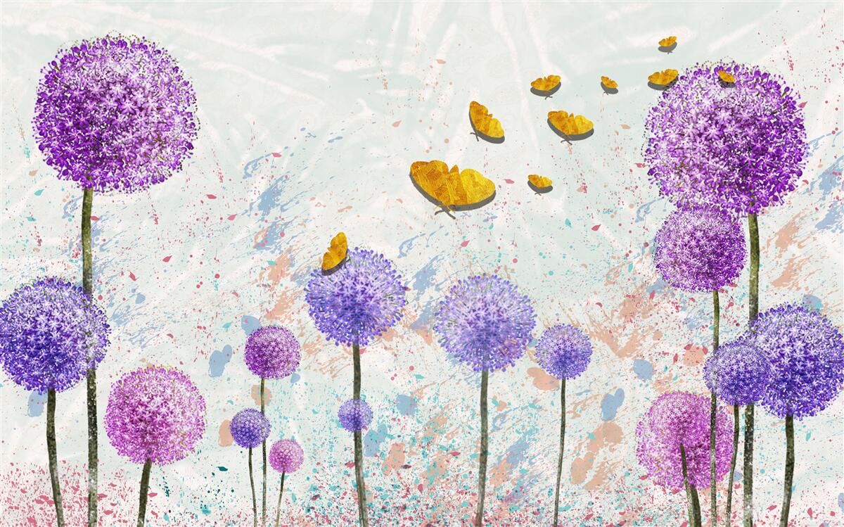 Fototapet lăptuci multicolore și fluturi aurii strălucitori