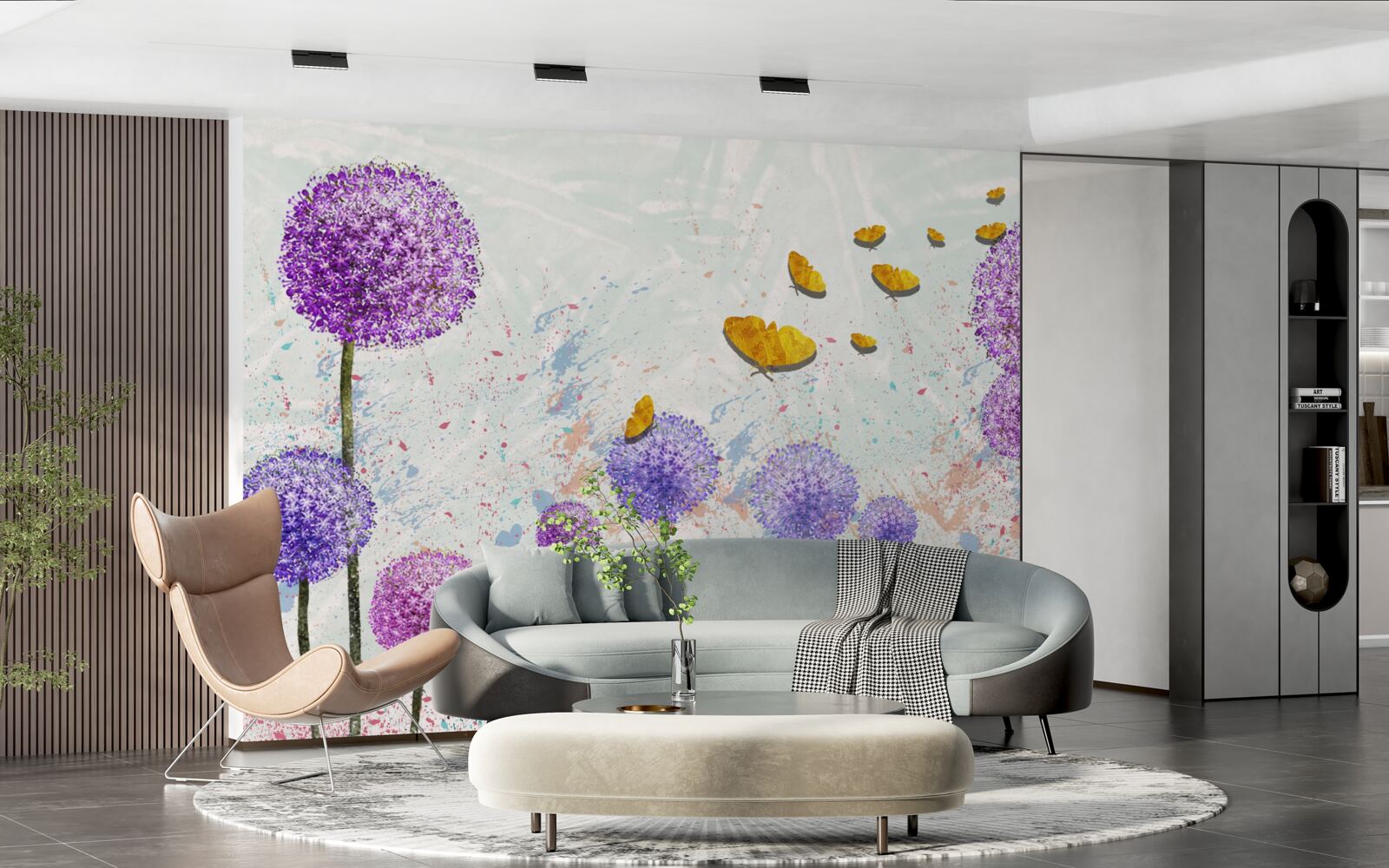 Fototapet lăptuci multicolore și fluturi aurii strălucitori