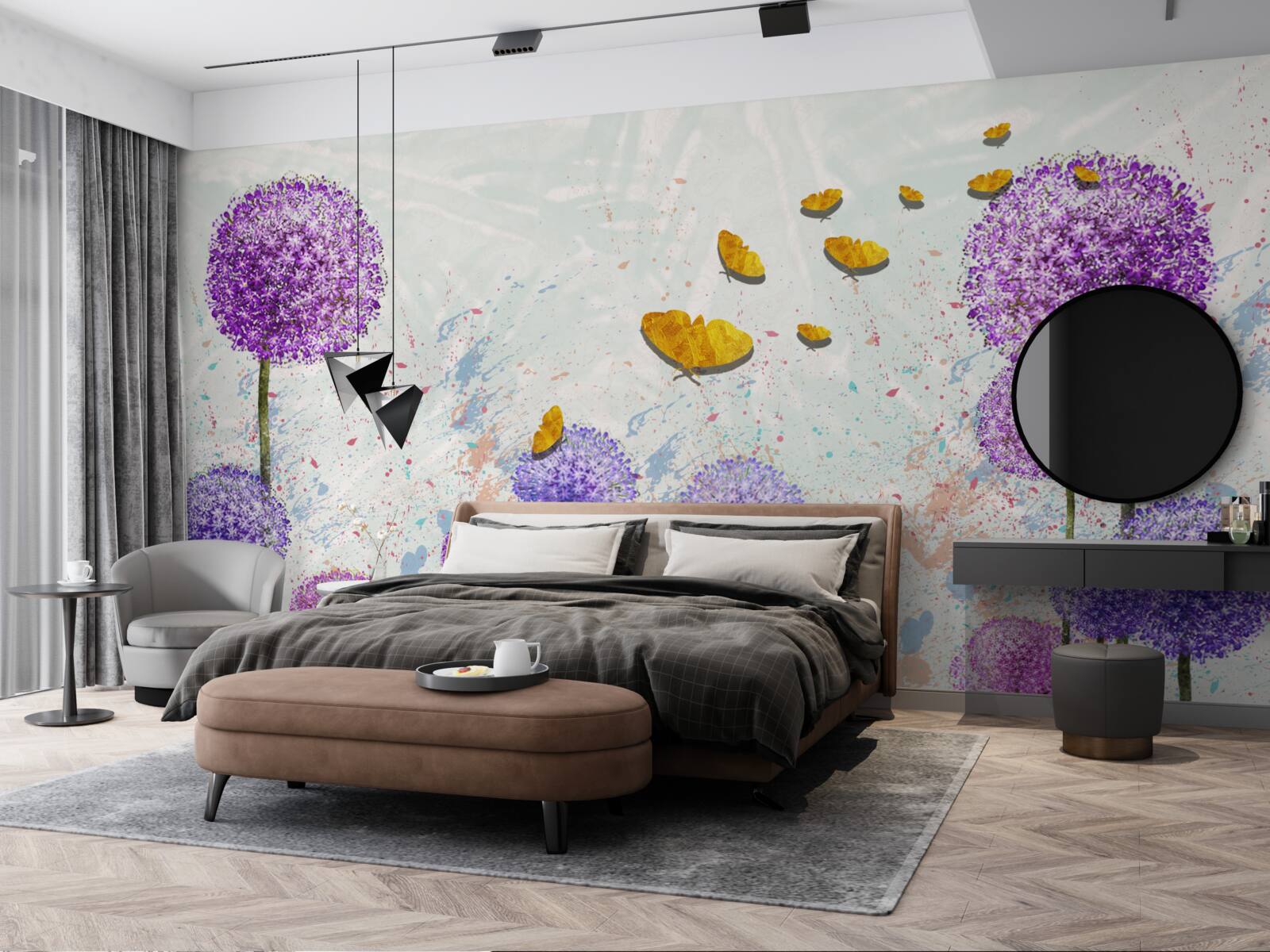 Fototapet lăptuci multicolore și fluturi aurii strălucitori