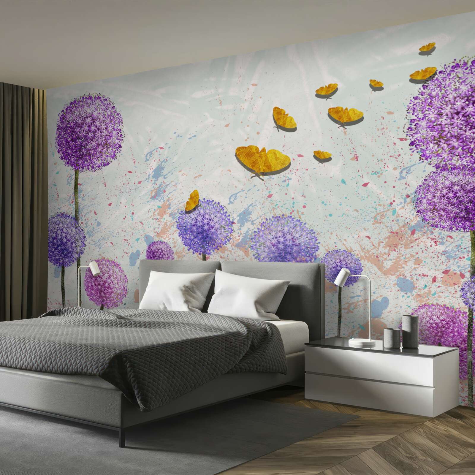 Fototapet lăptuci multicolore și fluturi aurii strălucitori