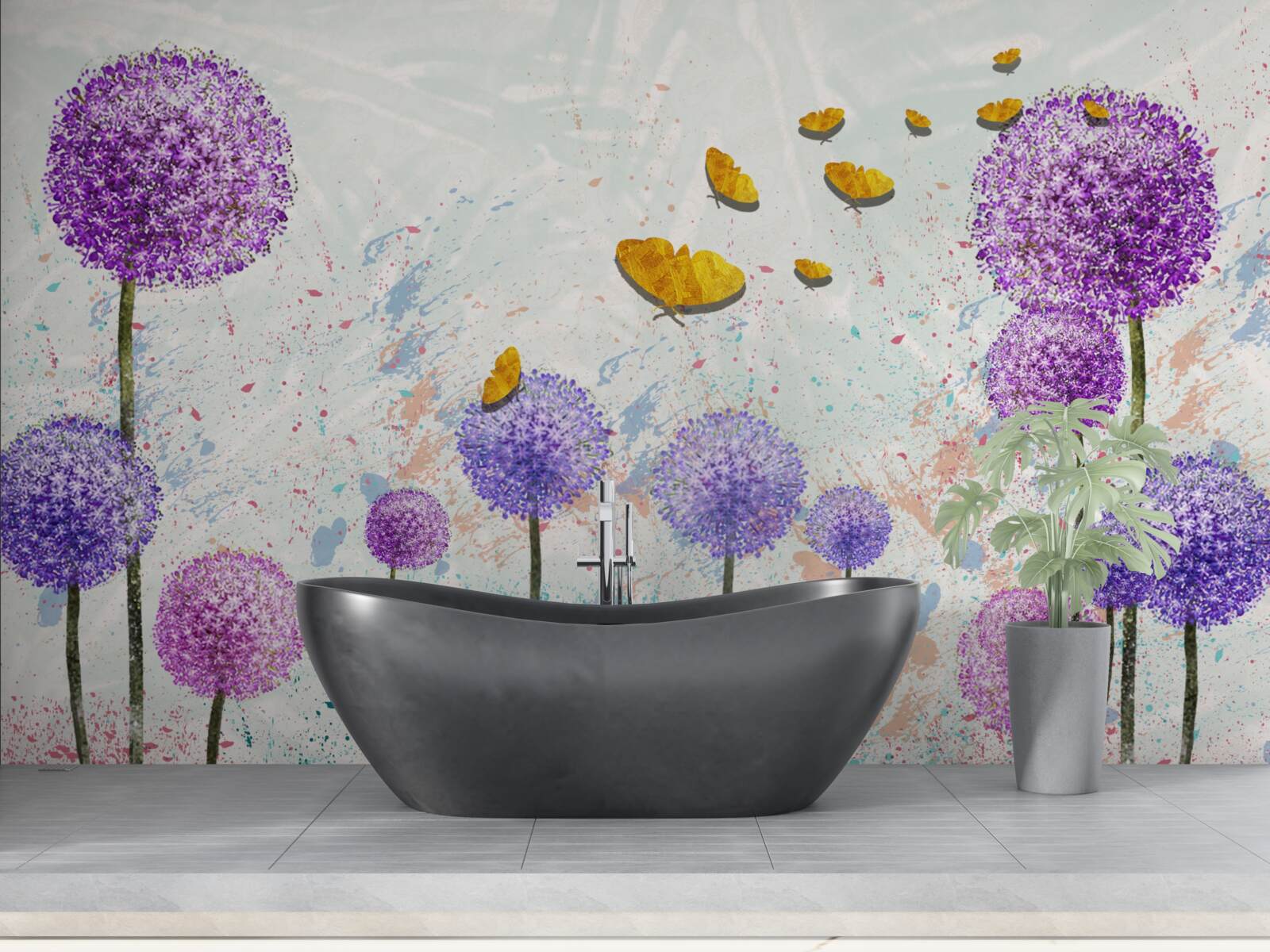 Fototapet lăptuci multicolore și fluturi aurii strălucitori