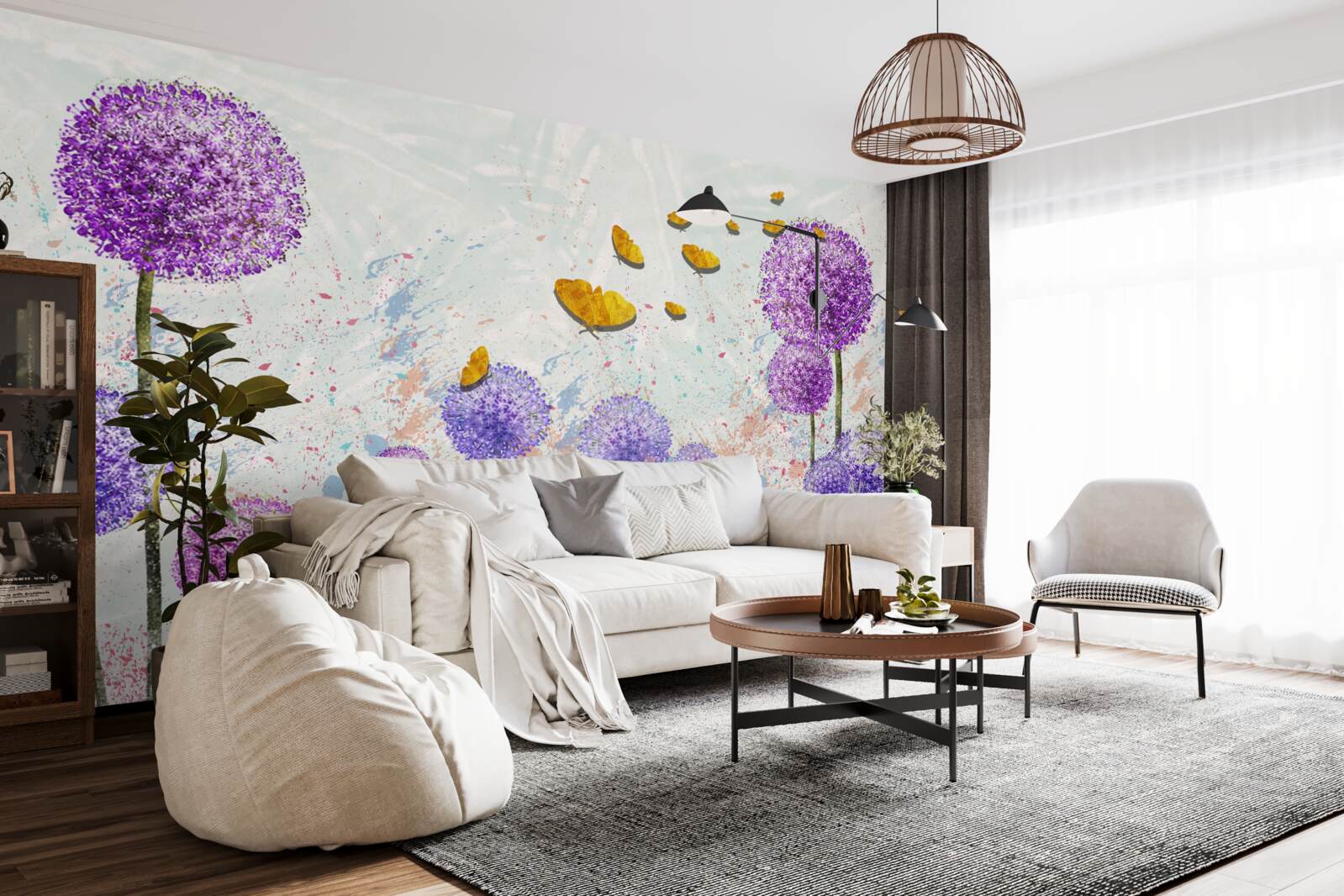 Fototapet lăptuci multicolore și fluturi aurii strălucitori