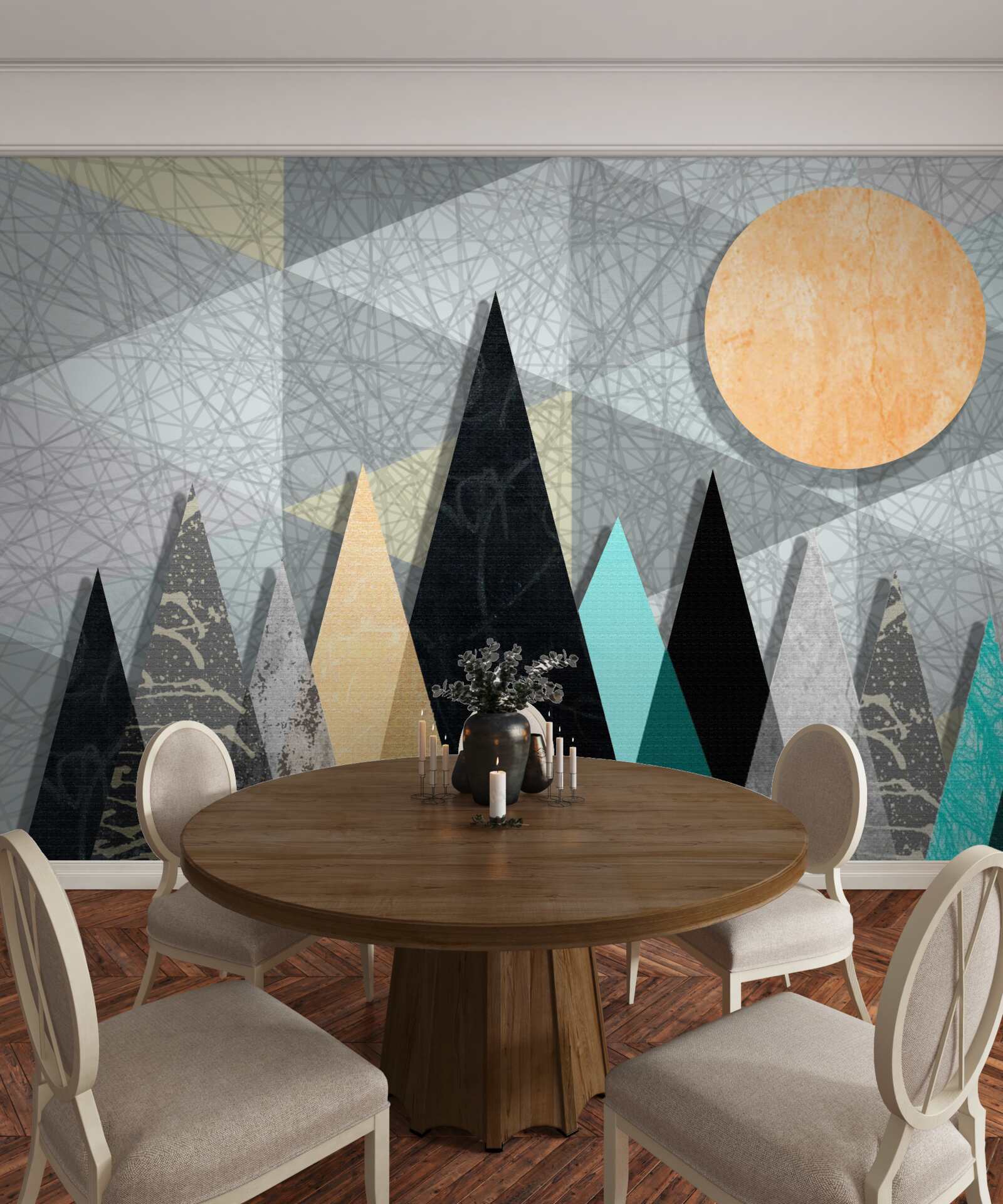 Fototapet apus de soare peste o pădure de pini