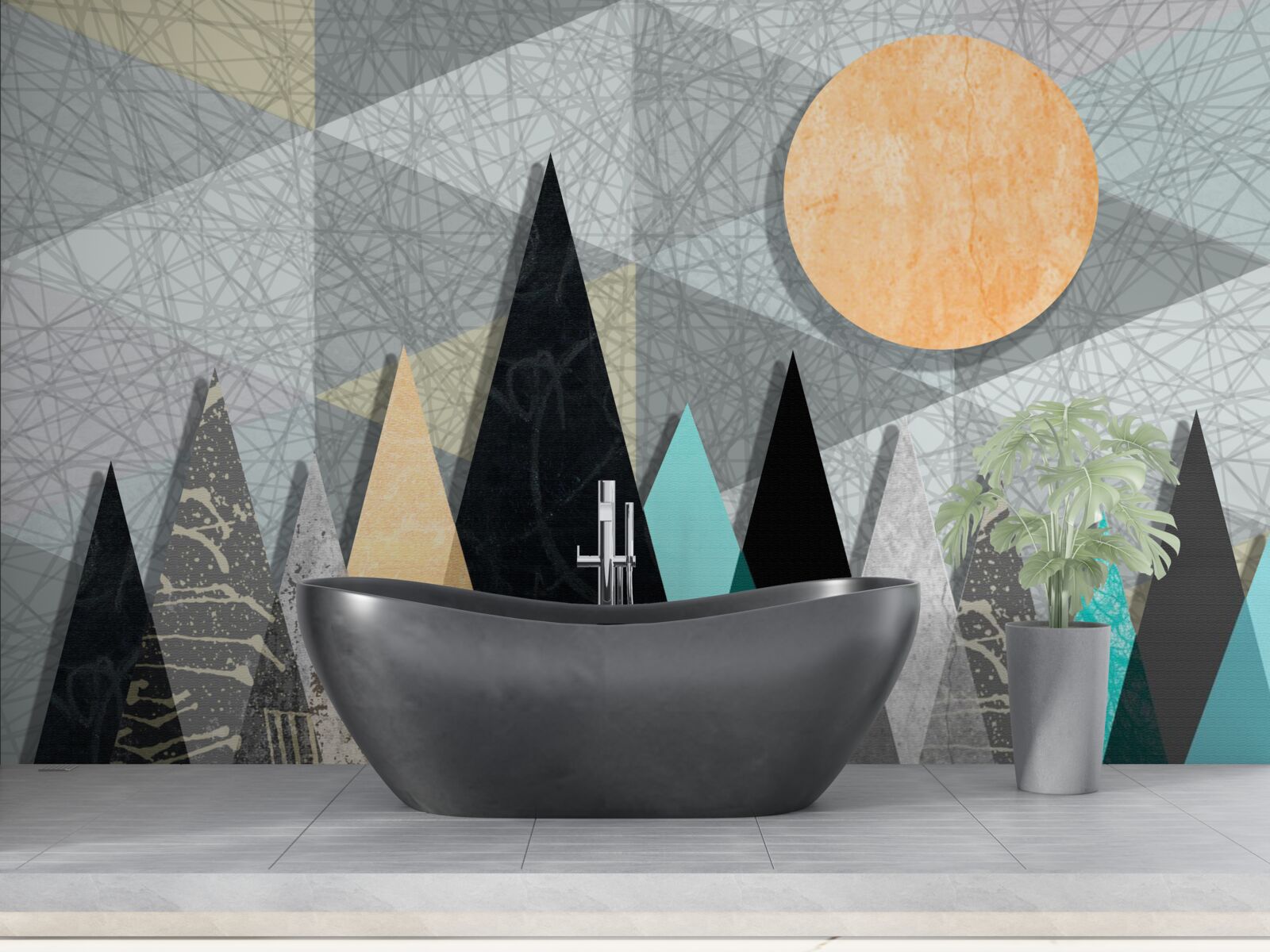 Fototapet apus de soare peste o pădure de pini