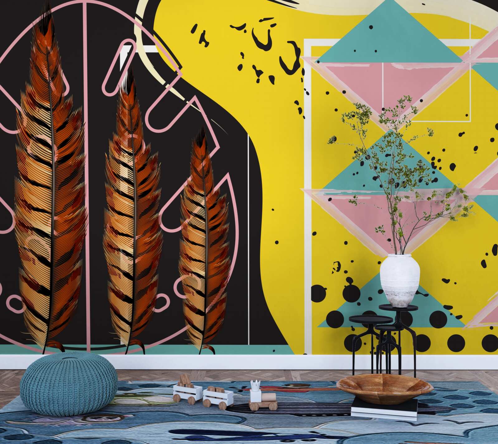 Fototapet formele geometrice din fundal ies în evidență în spatele vârfurilor galbene