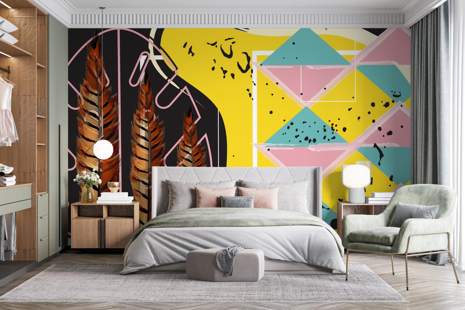 Fototapet formele geometrice din fundal ies în evidență în spatele vârfurilor galbene