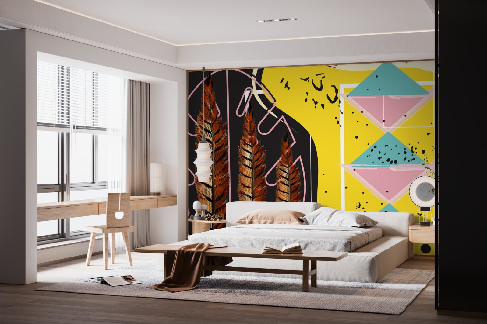 Fototapet formele geometrice din fundal ies în evidență în spatele vârfurilor galbene