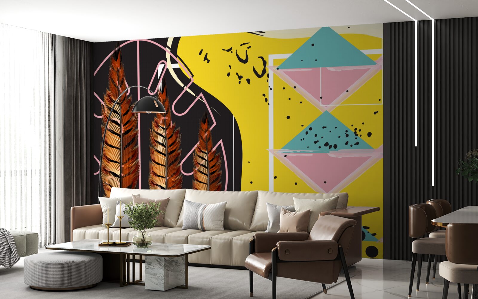 Fototapet formele geometrice din fundal ies în evidență în spatele vârfurilor galbene