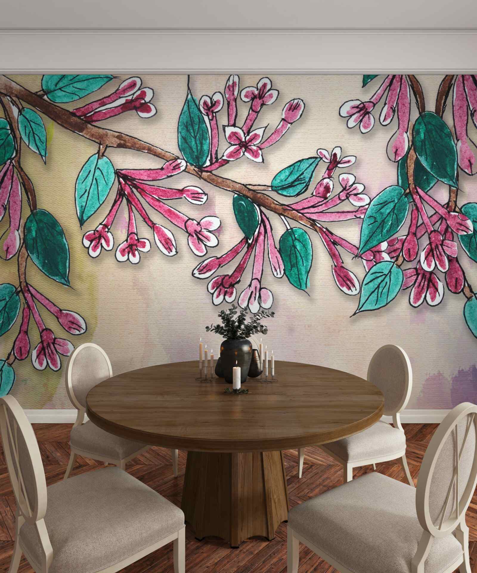 Fototapet ramura sakura înflorește și lasă o