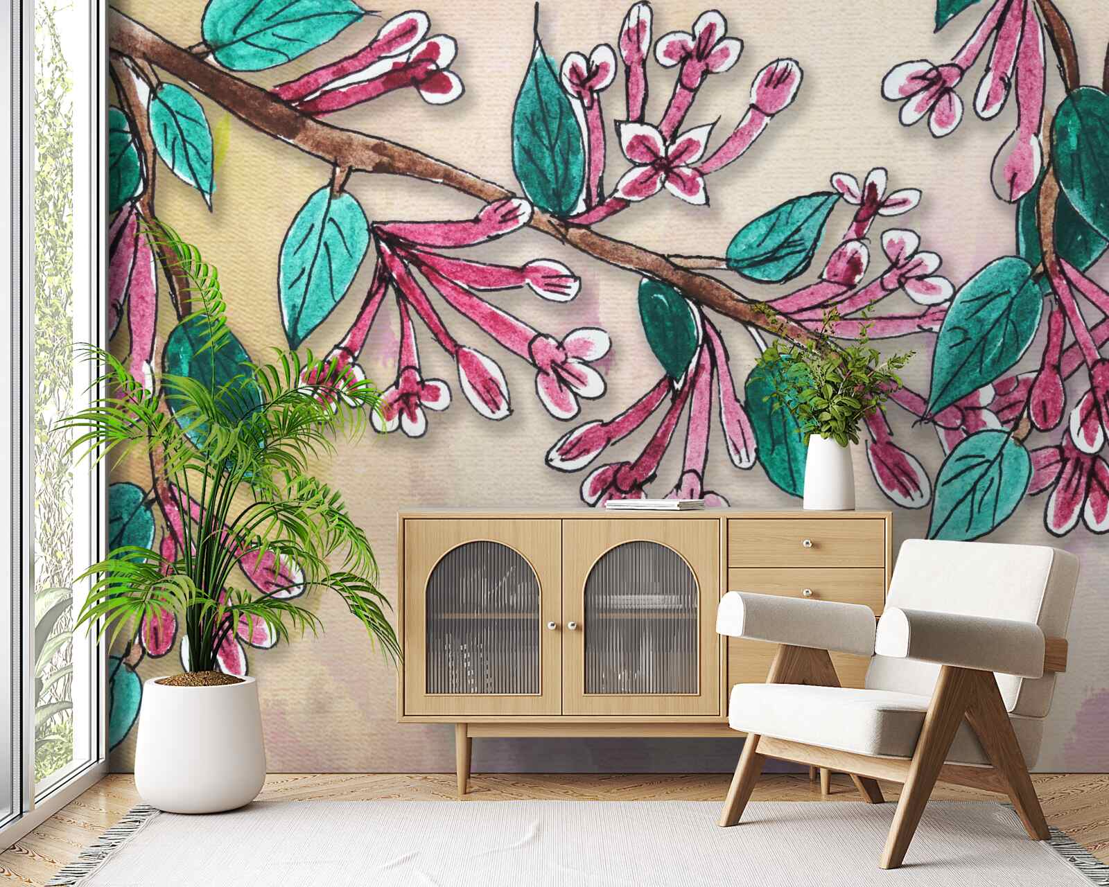 Fototapet ramura sakura înflorește și lasă o