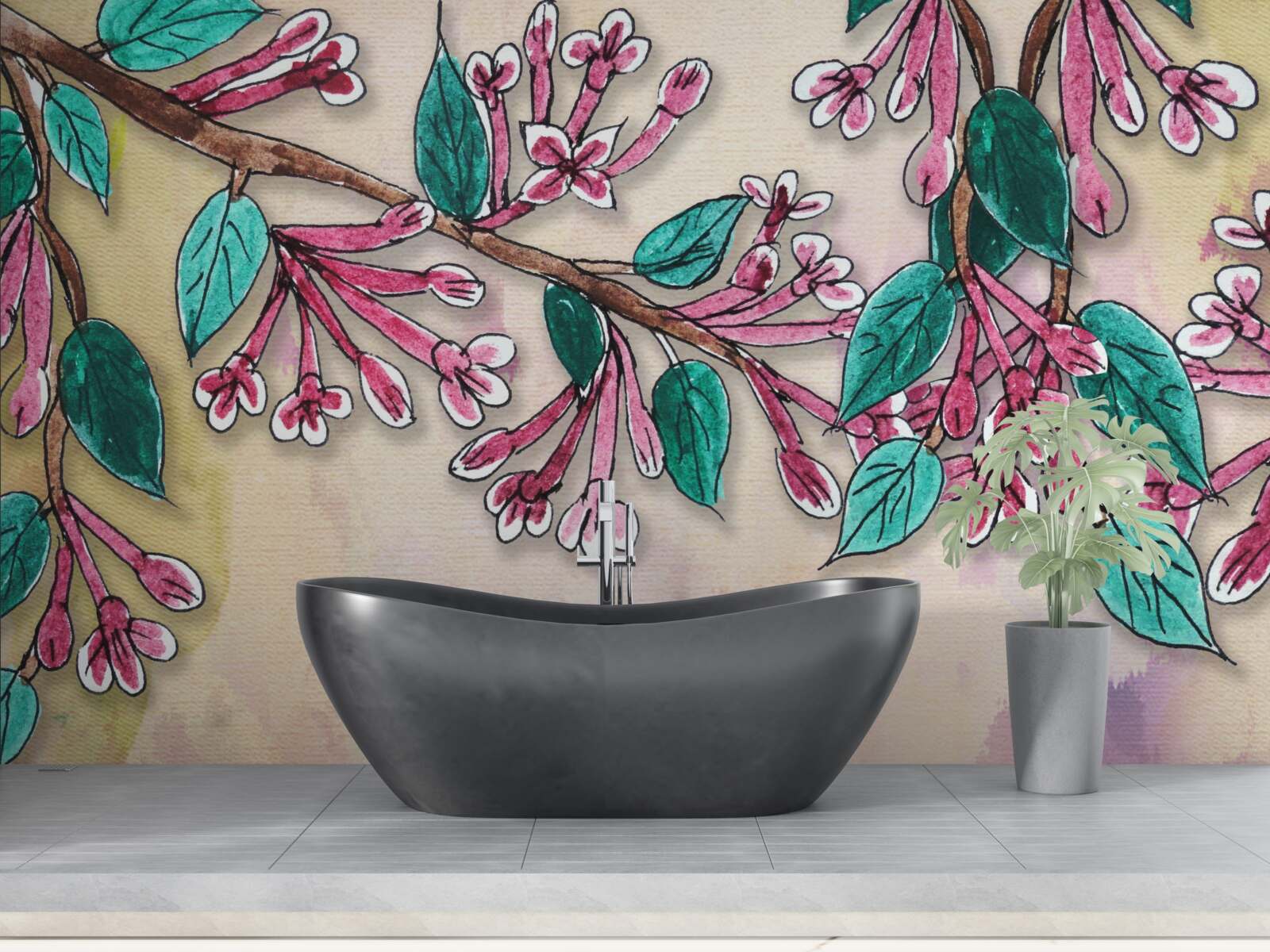 Fototapet ramura sakura înflorește și lasă o