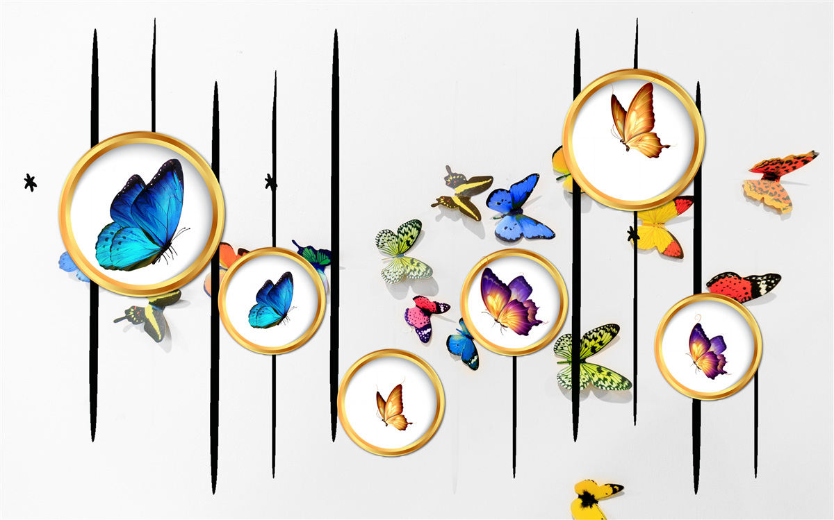 Fototapet pe un fundal alb sunt fluturi înconjurați de cercuri aurii