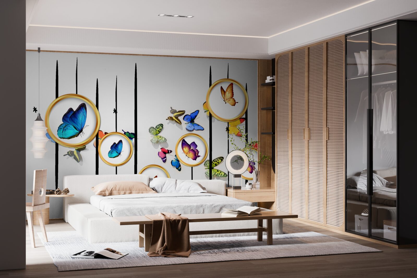 Fototapet pe un fundal alb sunt fluturi înconjurați de cercuri aurii