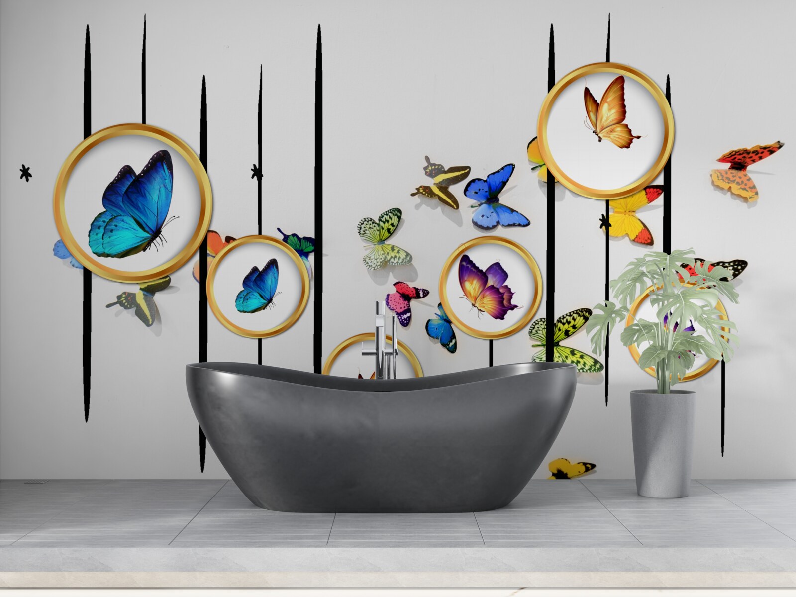 Fototapet pe un fundal alb sunt fluturi înconjurați de cercuri aurii