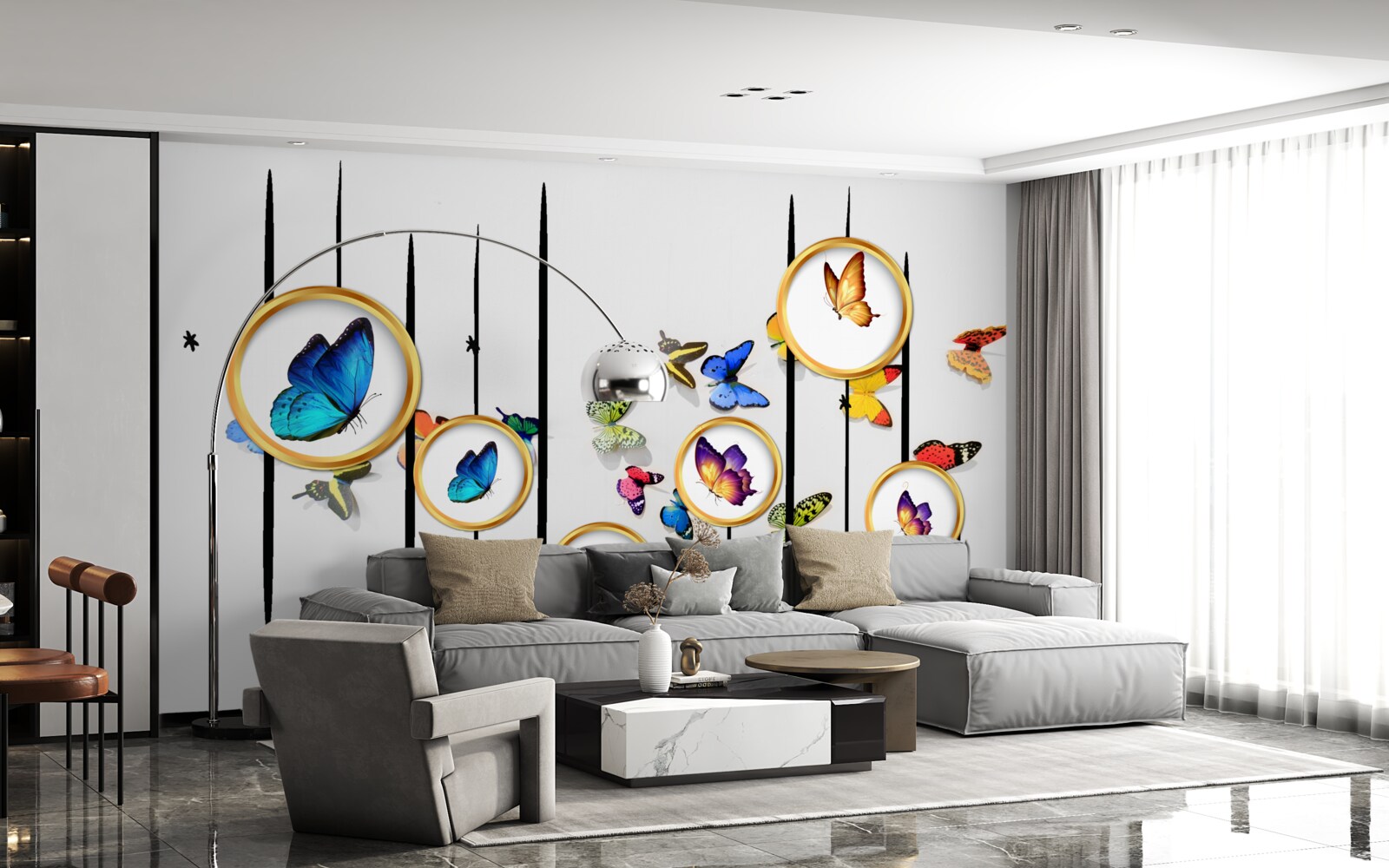 Fototapet pe un fundal alb sunt fluturi înconjurați de cercuri aurii
