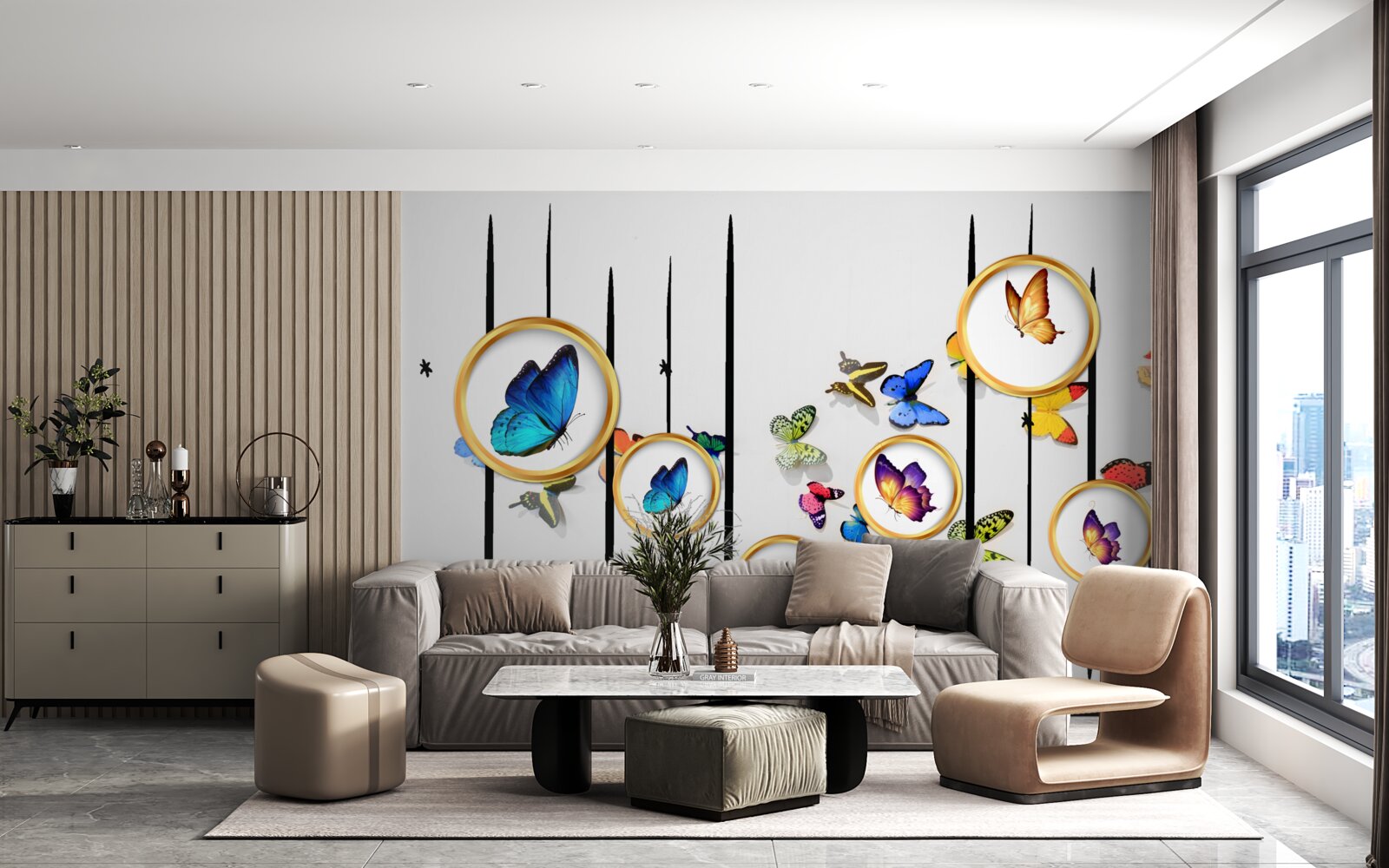 Fototapet pe un fundal alb sunt fluturi înconjurați de cercuri aurii