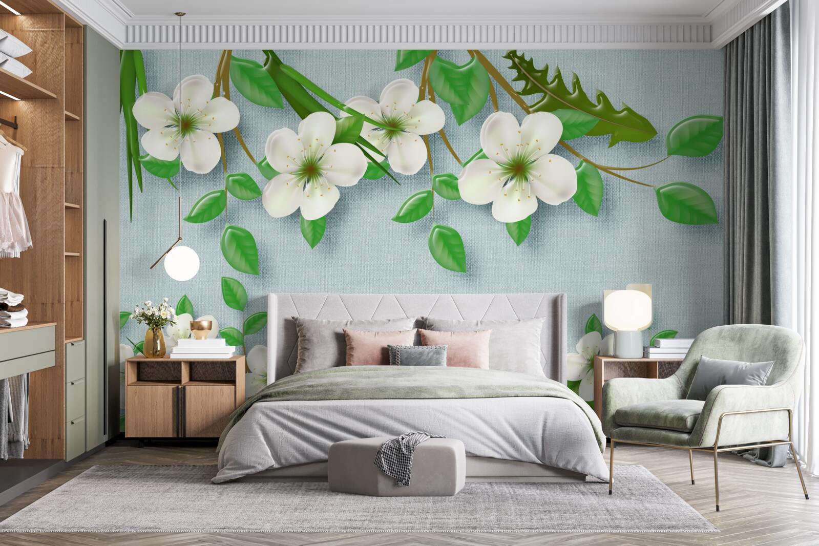 Fototapet copaci înfloriți primăvara pe un cer albastru