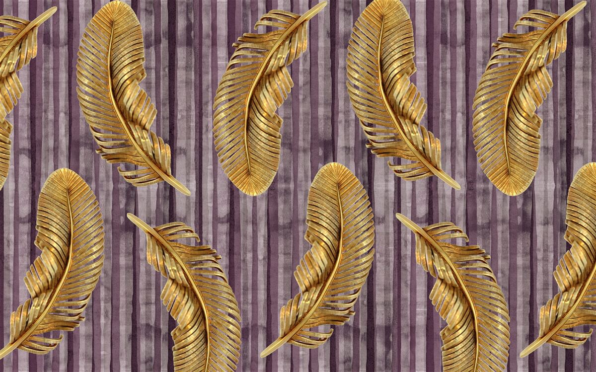 Fototapet fundal violet decorat cu pene aurii