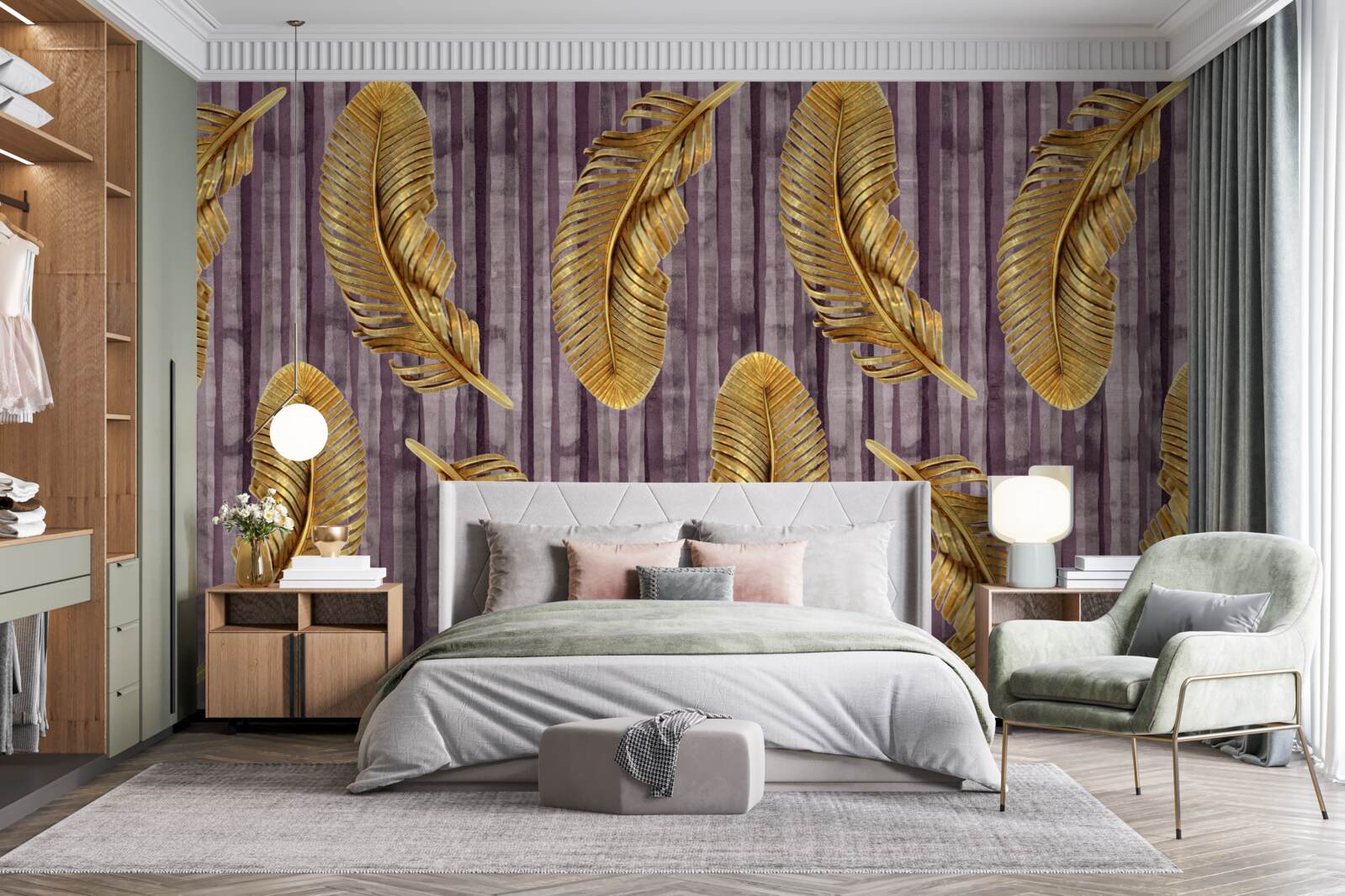 Fototapet fundal violet decorat cu pene aurii