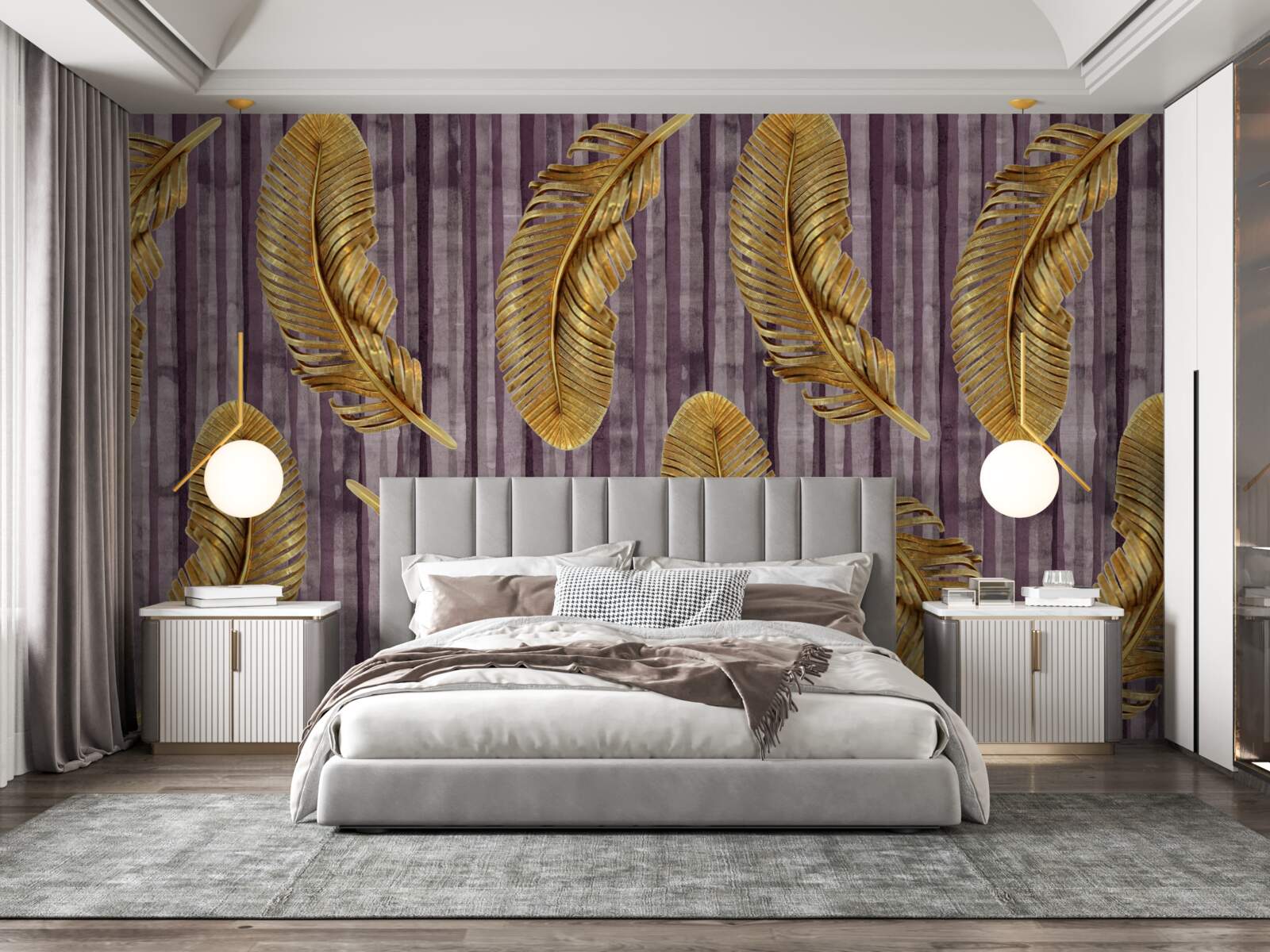 Fototapet fundal violet decorat cu pene aurii