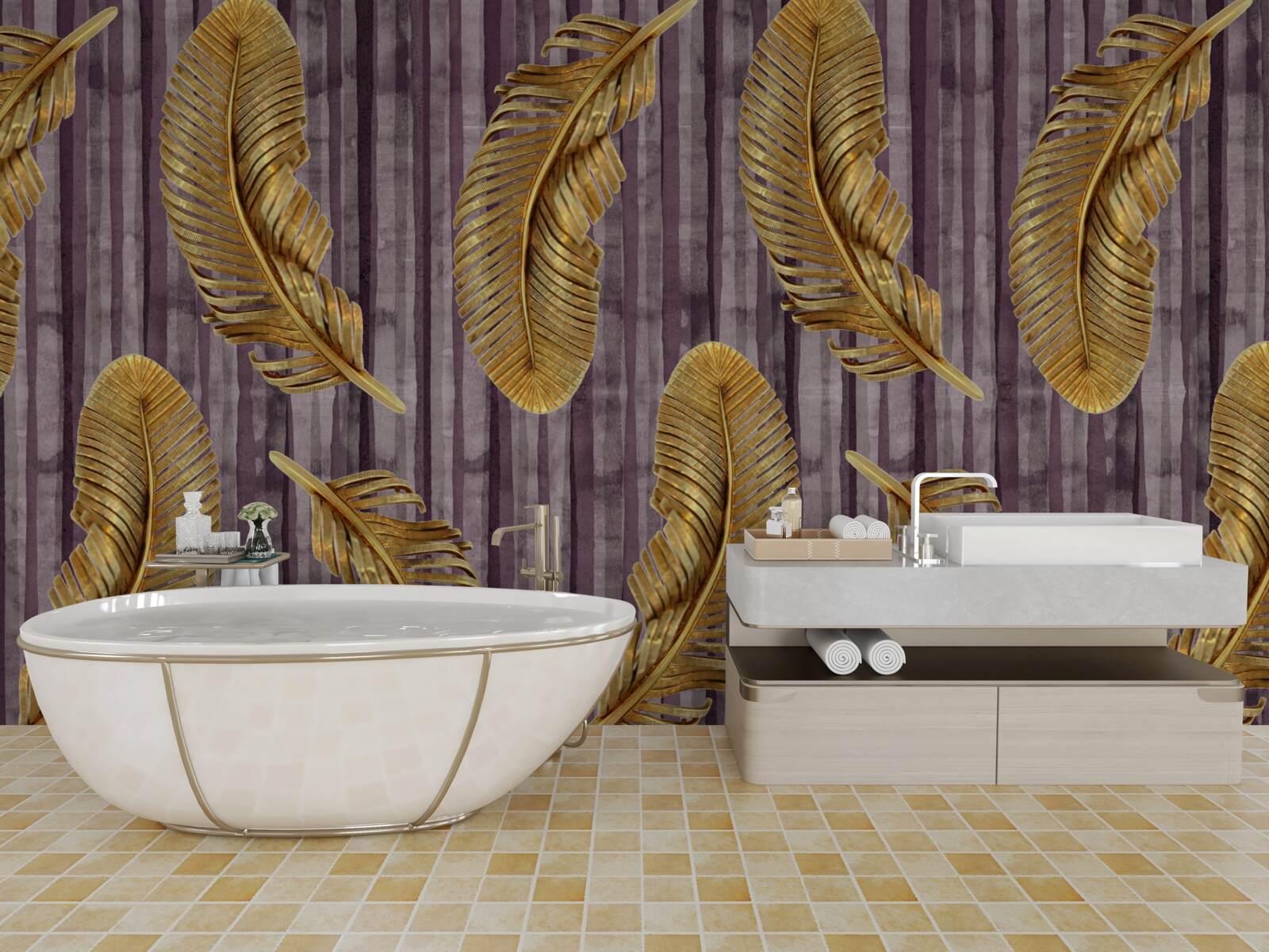 Fototapet fundal violet decorat cu pene aurii