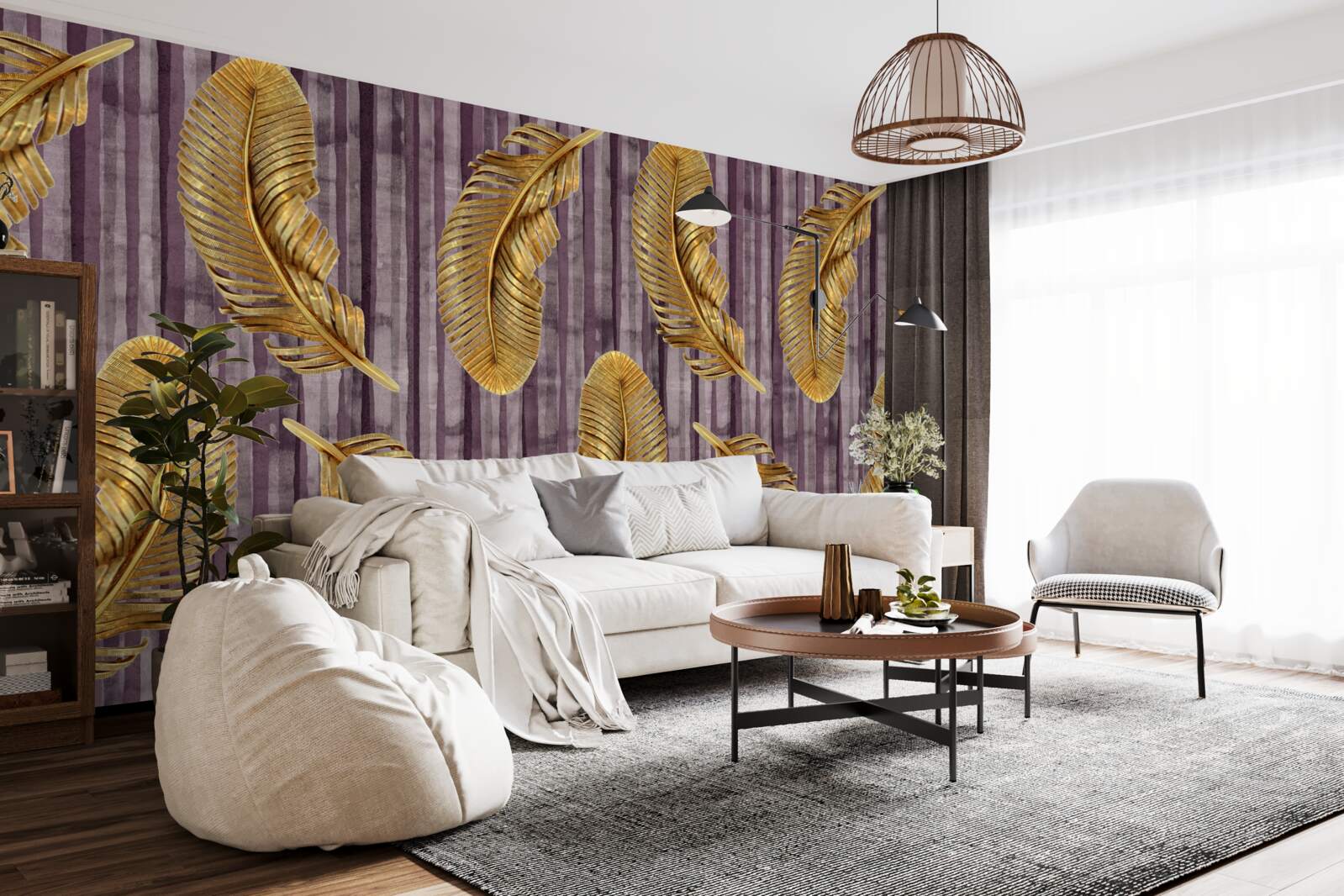 Fototapet fundal violet decorat cu pene aurii