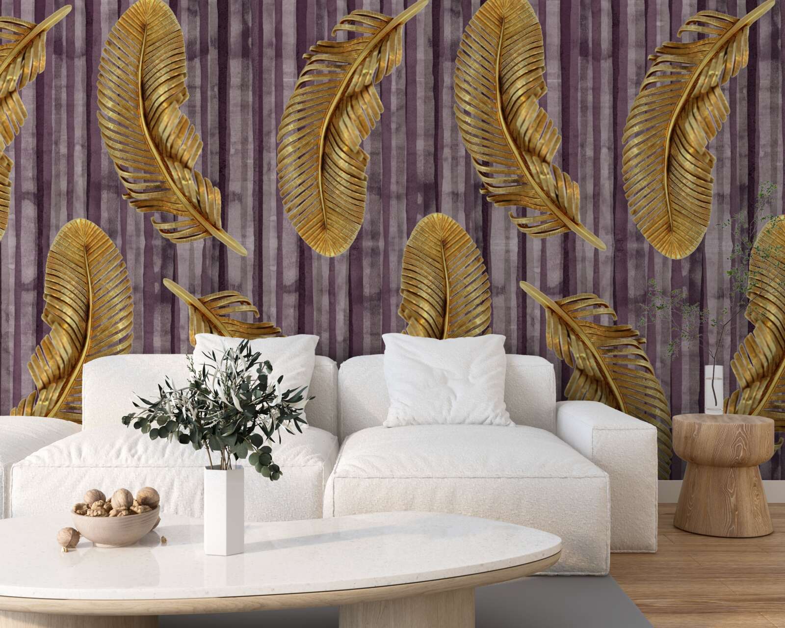 Fototapet fundal violet decorat cu pene aurii