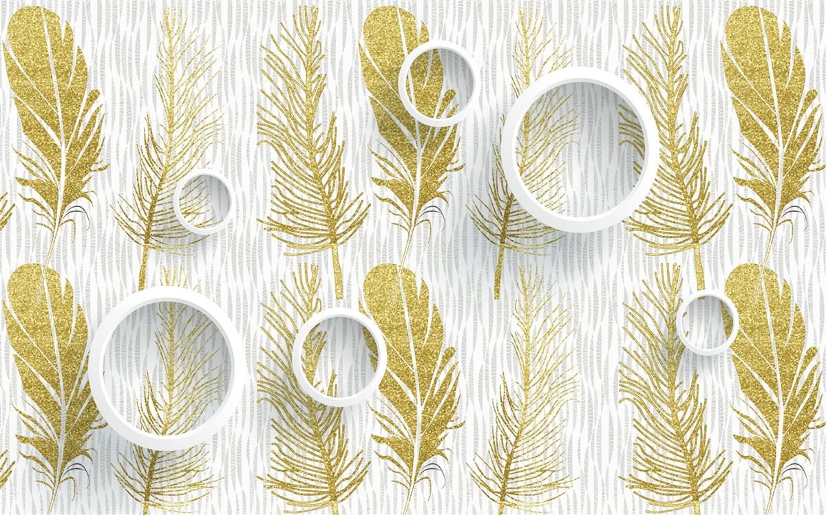 Fototapet pene pufoase aurii și cercuri albe ca zăpada